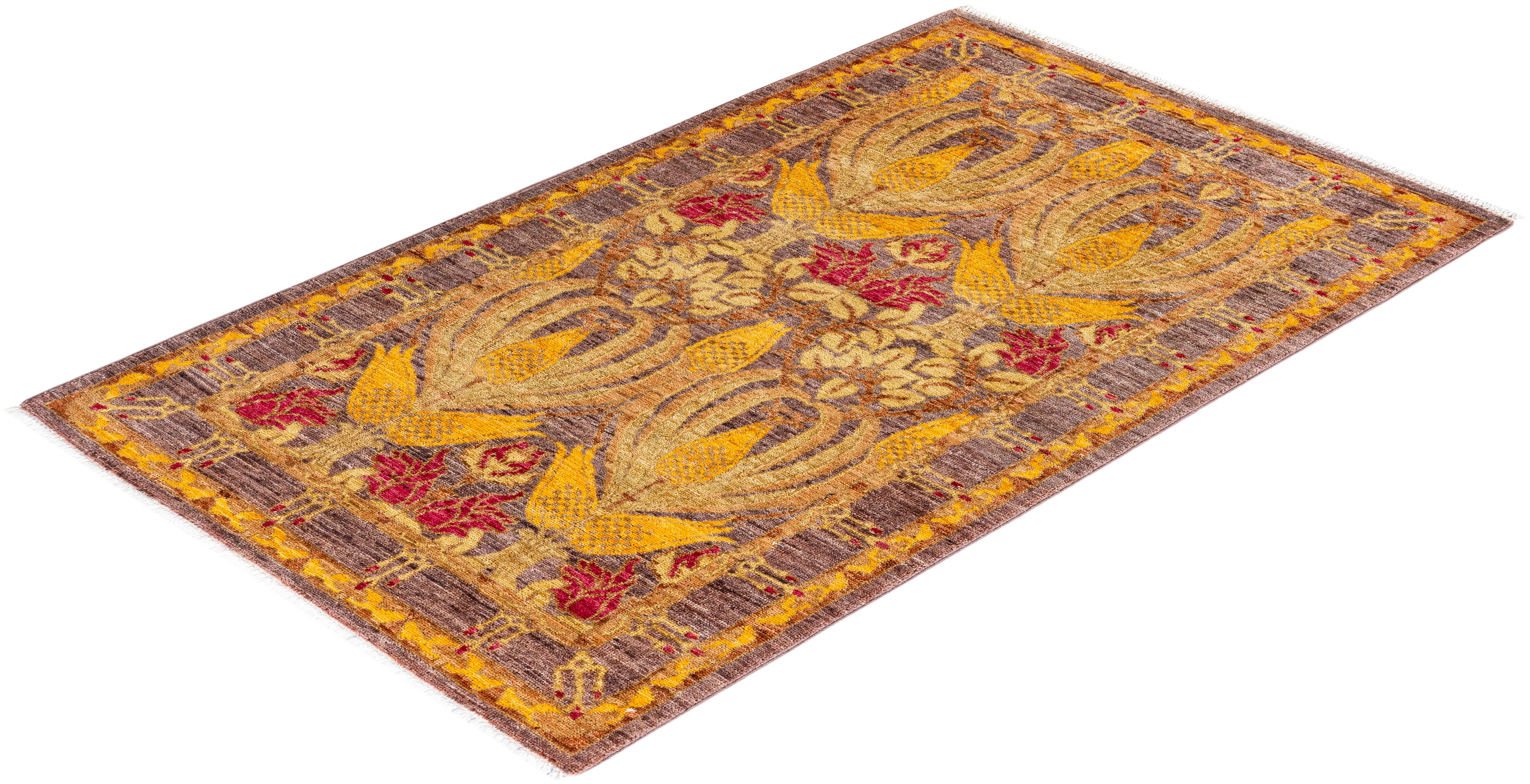 Contemporary Floral Hand Knotted Wool Gold Area Rug For Sale 4