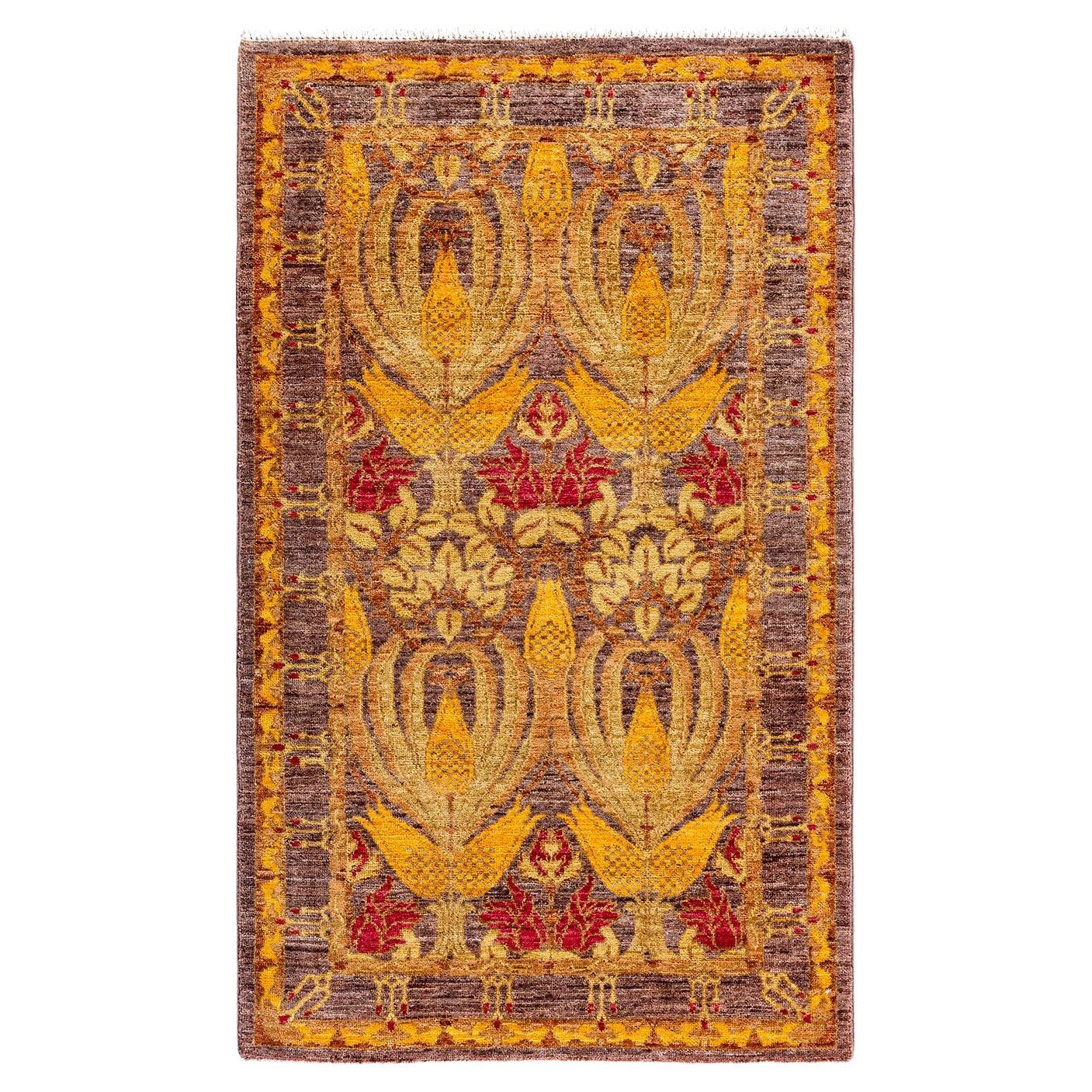 Contemporary Floral Hand Knotted Wool Gold Area Rug For Sale