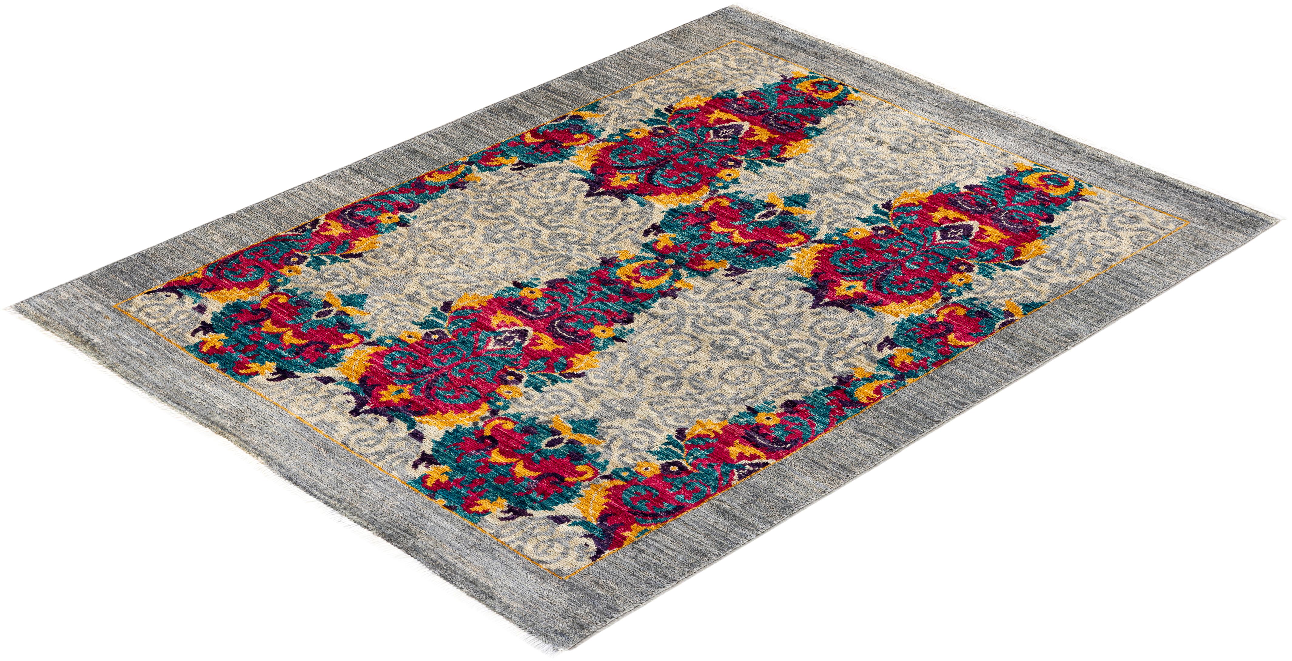 Contemporary Floral Hand Knotted Wool Gray Area Rug For Sale 4