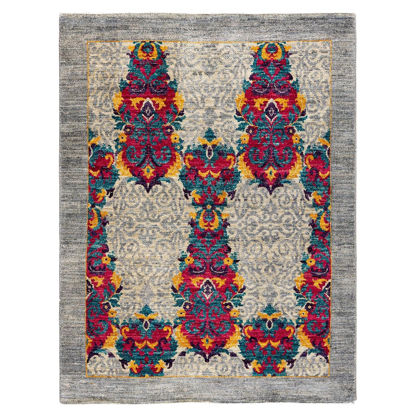Contemporary Floral Hand Knotted Wool Gray Area Rug For Sale