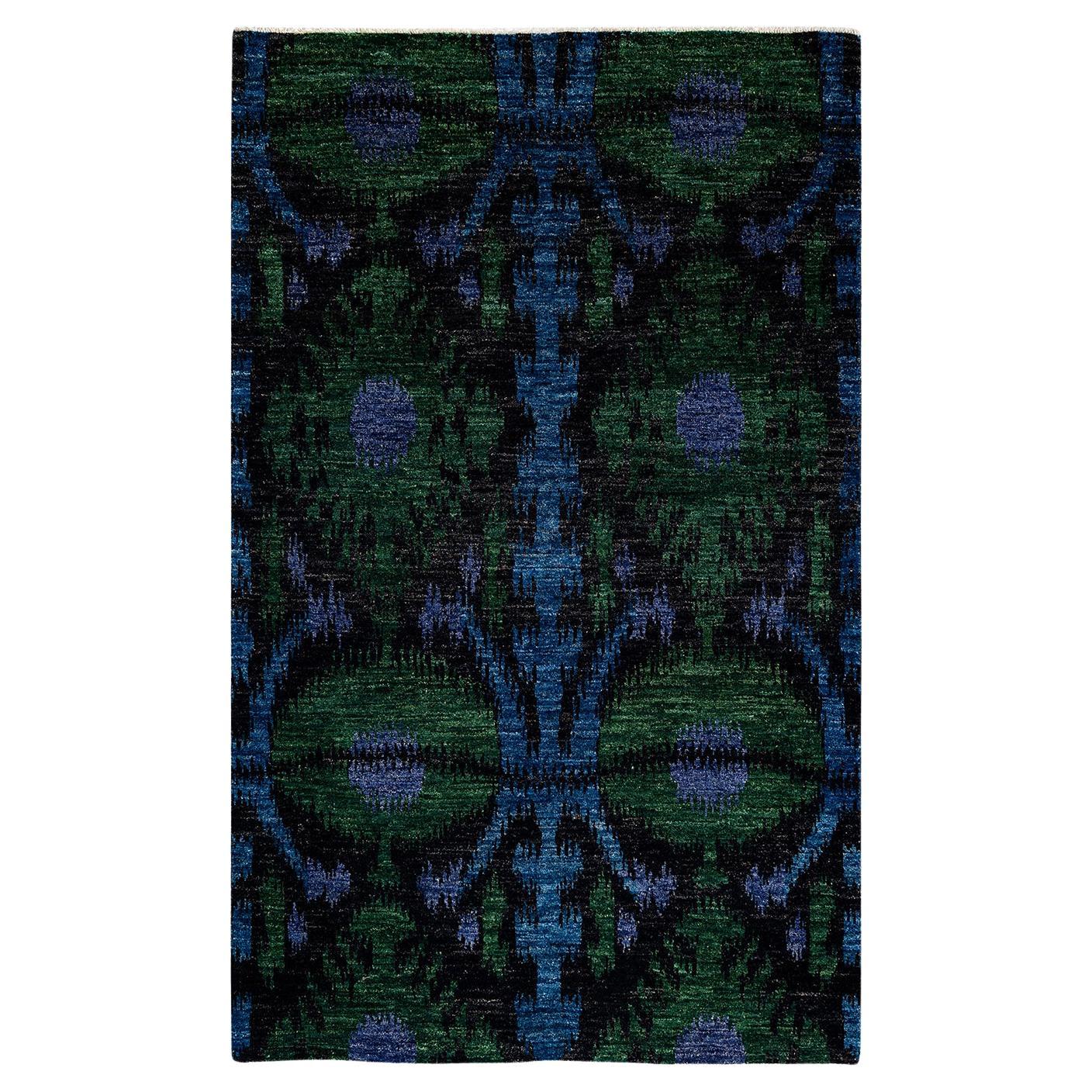 Contemporary Floral Hand Knotted Wool Green Area Rug For Sale