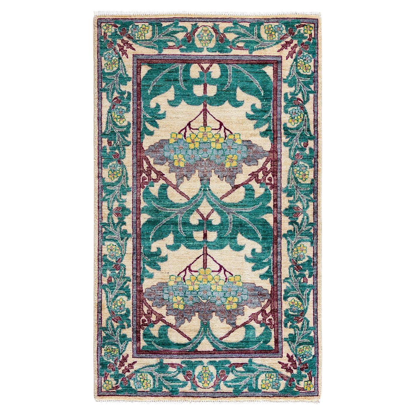 Contemporary Floral Hand Knotted Wool Green Area Rug