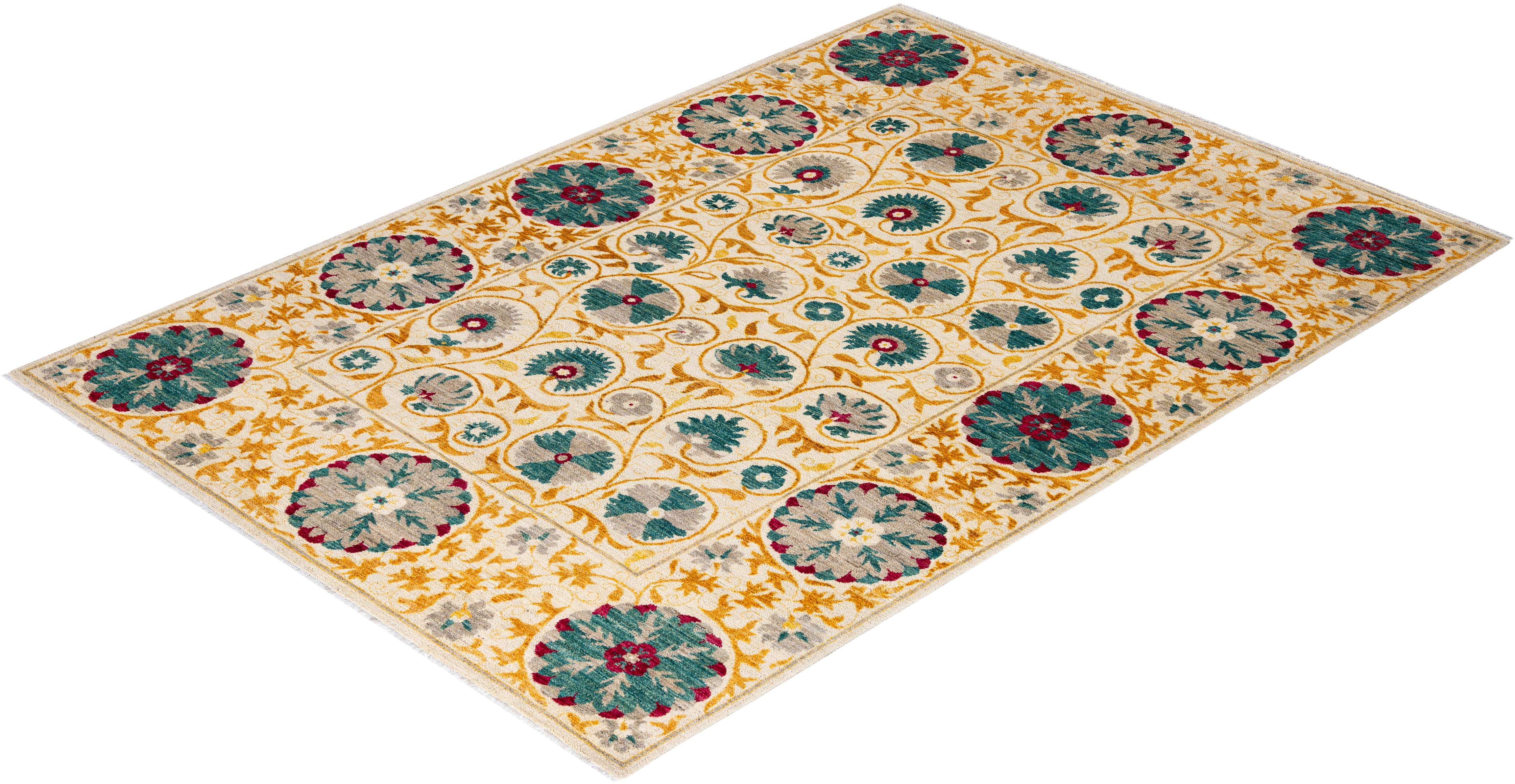 Contemporary Floral Hand Knotted Wool Ivory Area Rug For Sale 4