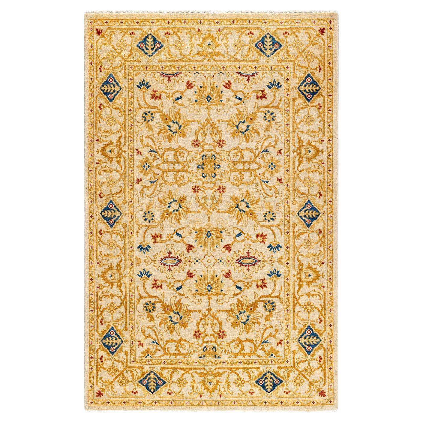 Contemporary Floral Hand Knotted Wool Ivory Area Rug For Sale