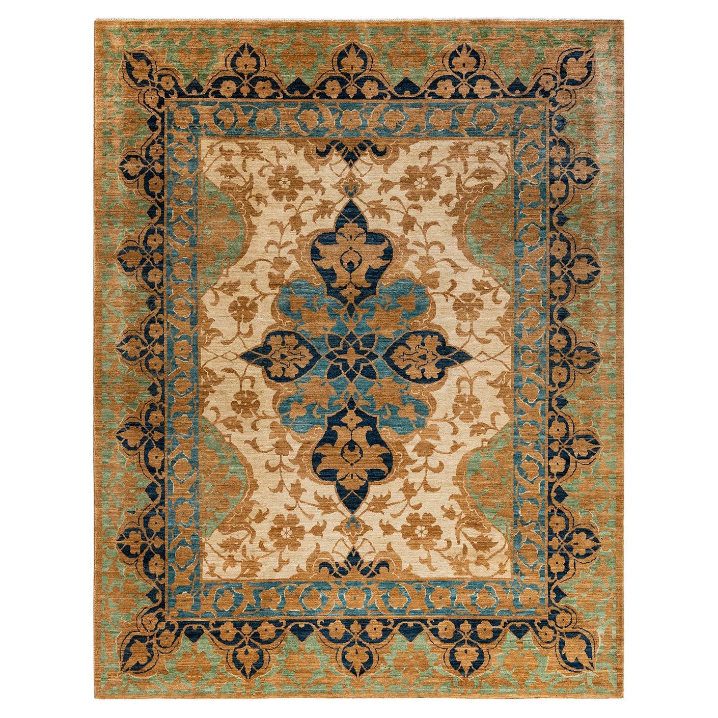 Contemporary Floral Hand Knotted Wool Ivory Area Rug For Sale