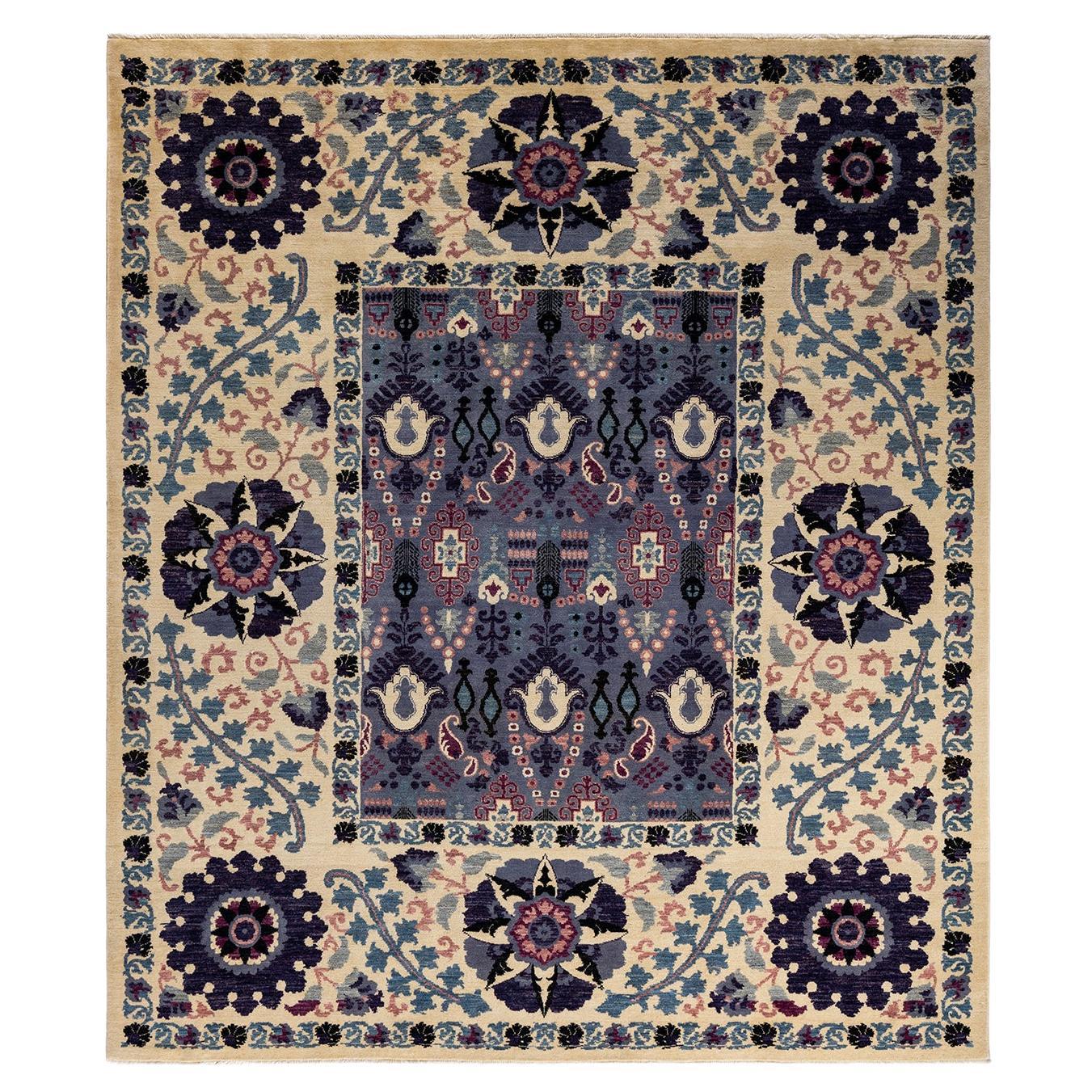 Contemporary Floral Hand Knotted Wool Ivory Area Rug