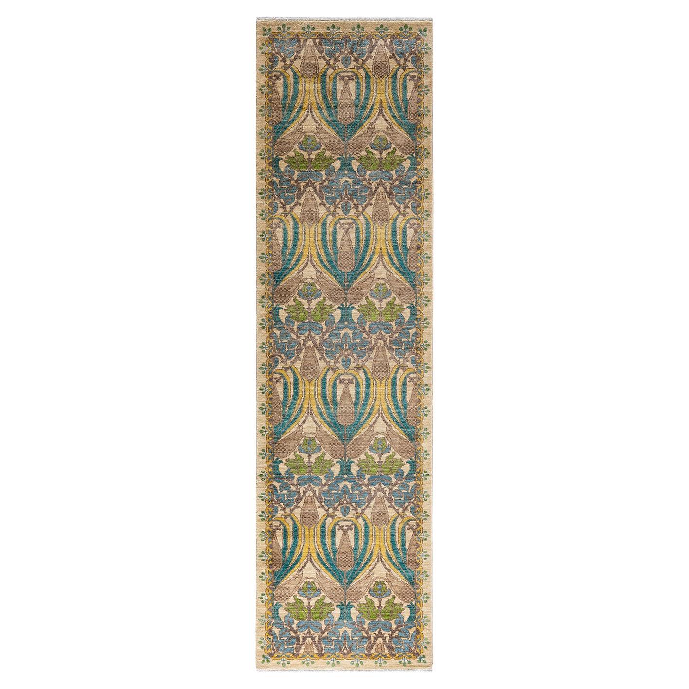 Contemporary Floral Hand Knotted Wool Ivory Runner For Sale