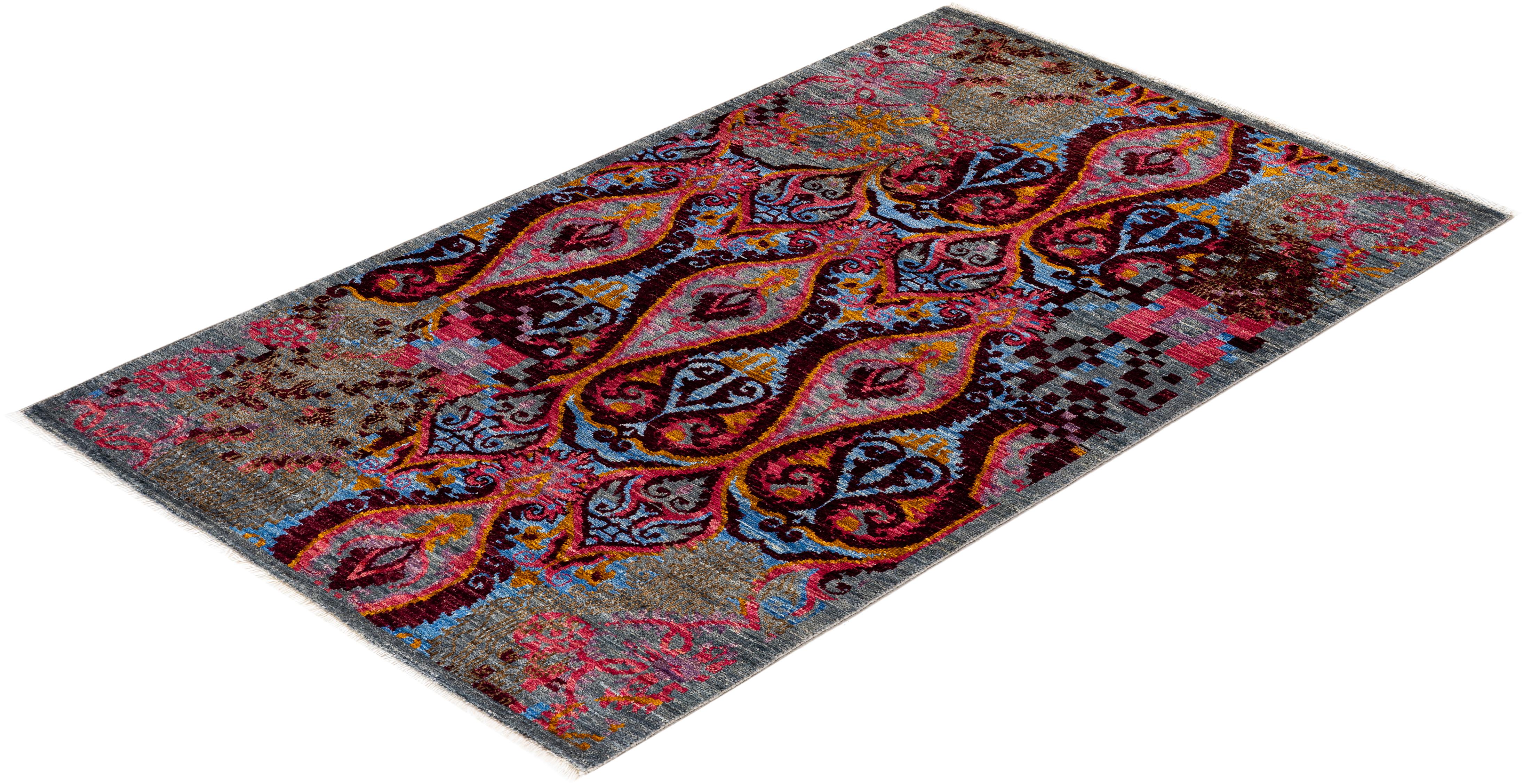 Contemporary Floral Hand Knotted Wool Multi Area Rug For Sale 4