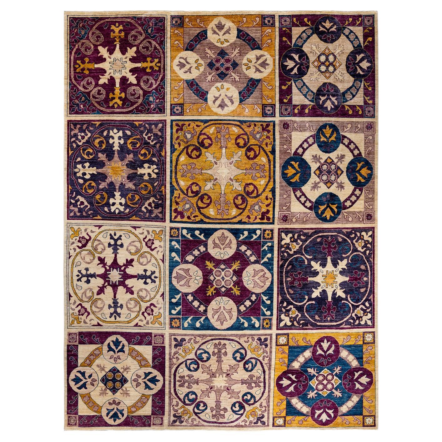Contemporary Floral Hand Knotted Wool Multi Area Rug For Sale