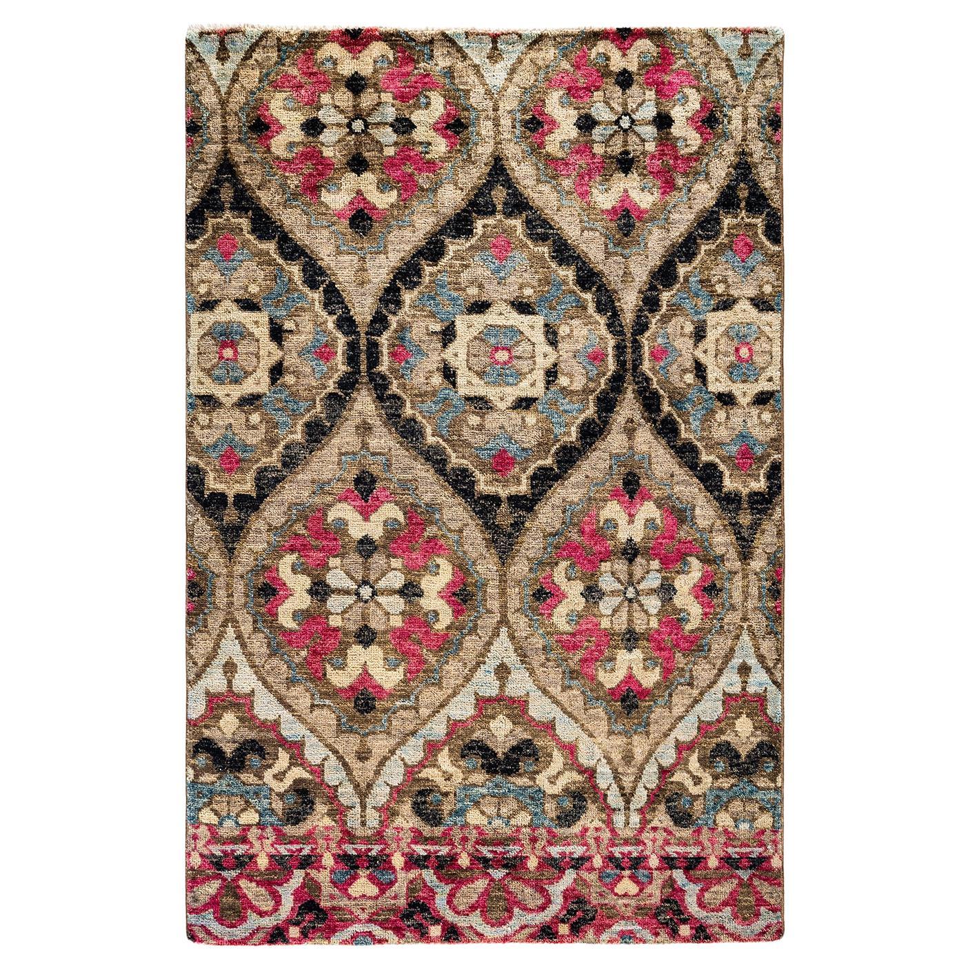 Contemporary Floral Hand Knotted Wool Multi Area Rug For Sale