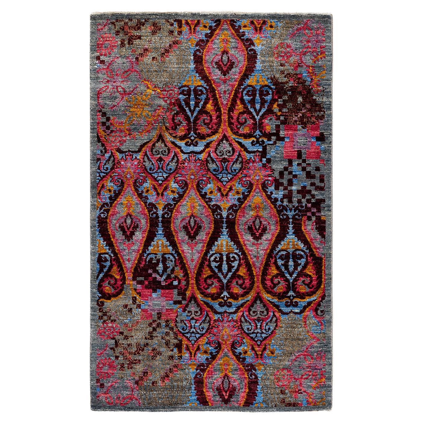 Contemporary Floral Hand Knotted Wool Multi Area Rug For Sale