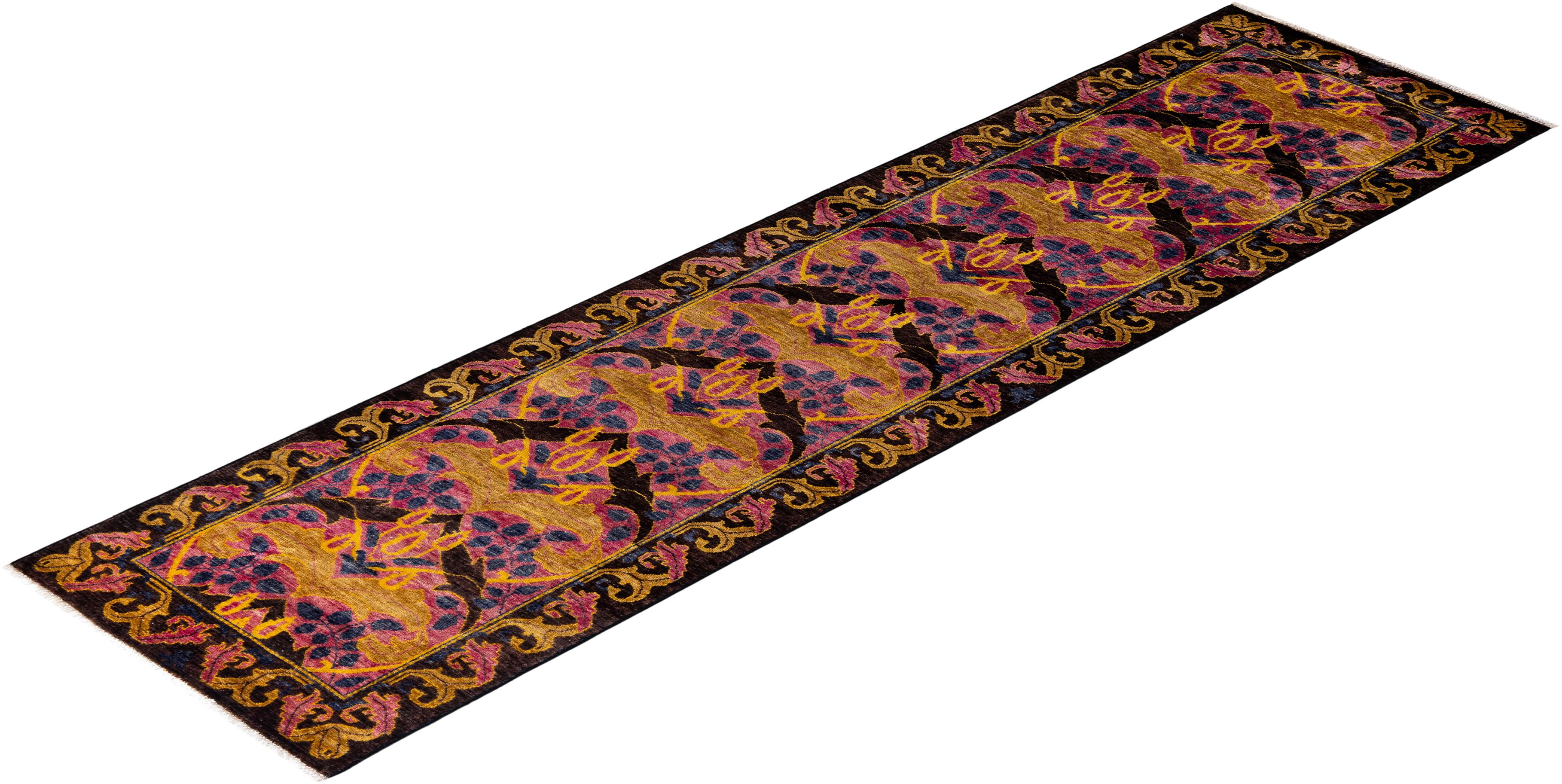 Contemporary Floral Hand Knotted Wool Multi Runner For Sale 4