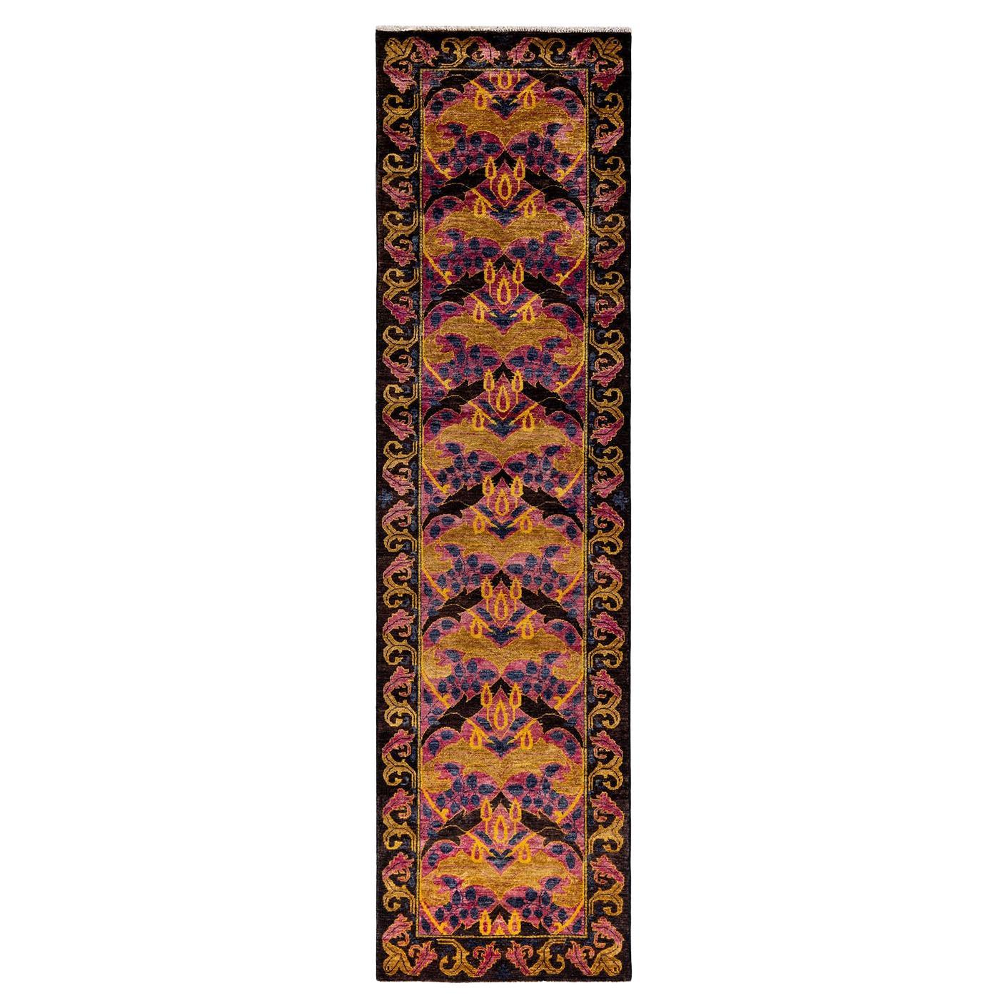 Contemporary Floral Hand Knotted Wool Multi Runner For Sale