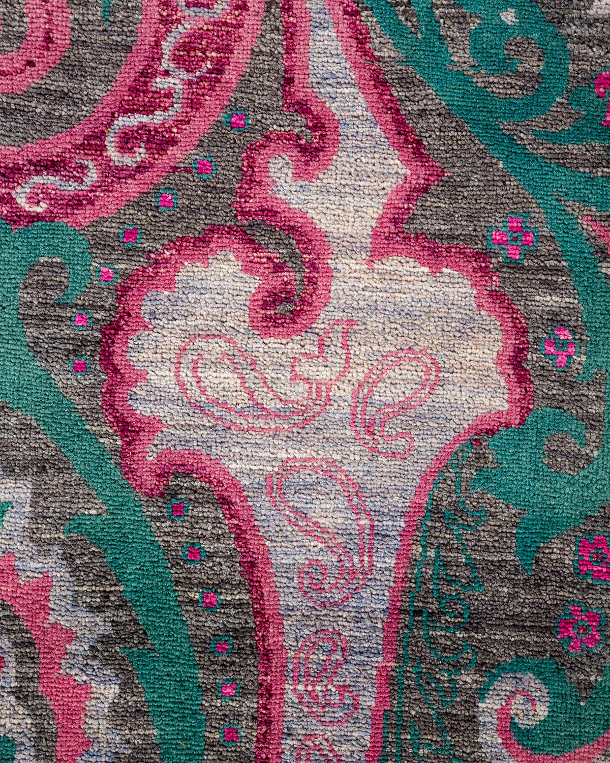 Pakistani Contemporary Floral Hand Knotted Wool Pink Area Rug For Sale