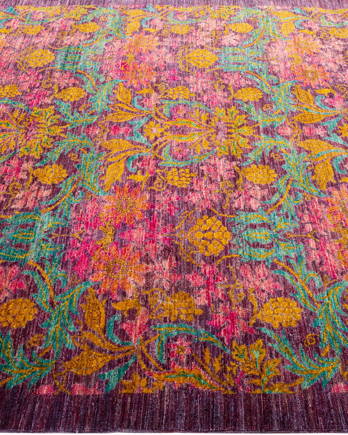 Contemporary Floral Hand Knotted Wool Pink Area Rug In New Condition For Sale In Norwalk, CT