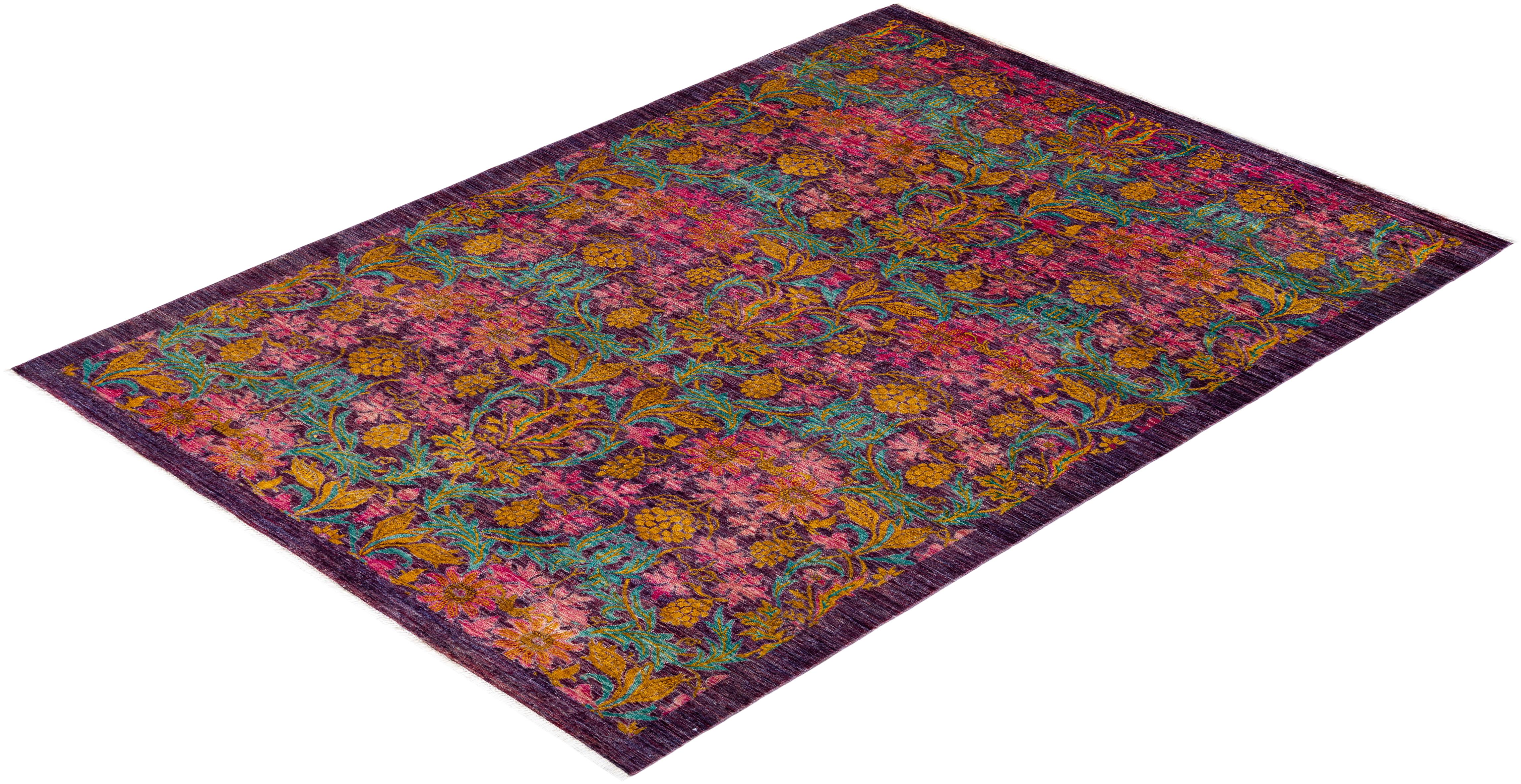 Contemporary Floral Hand Knotted Wool Pink Area Rug For Sale 4
