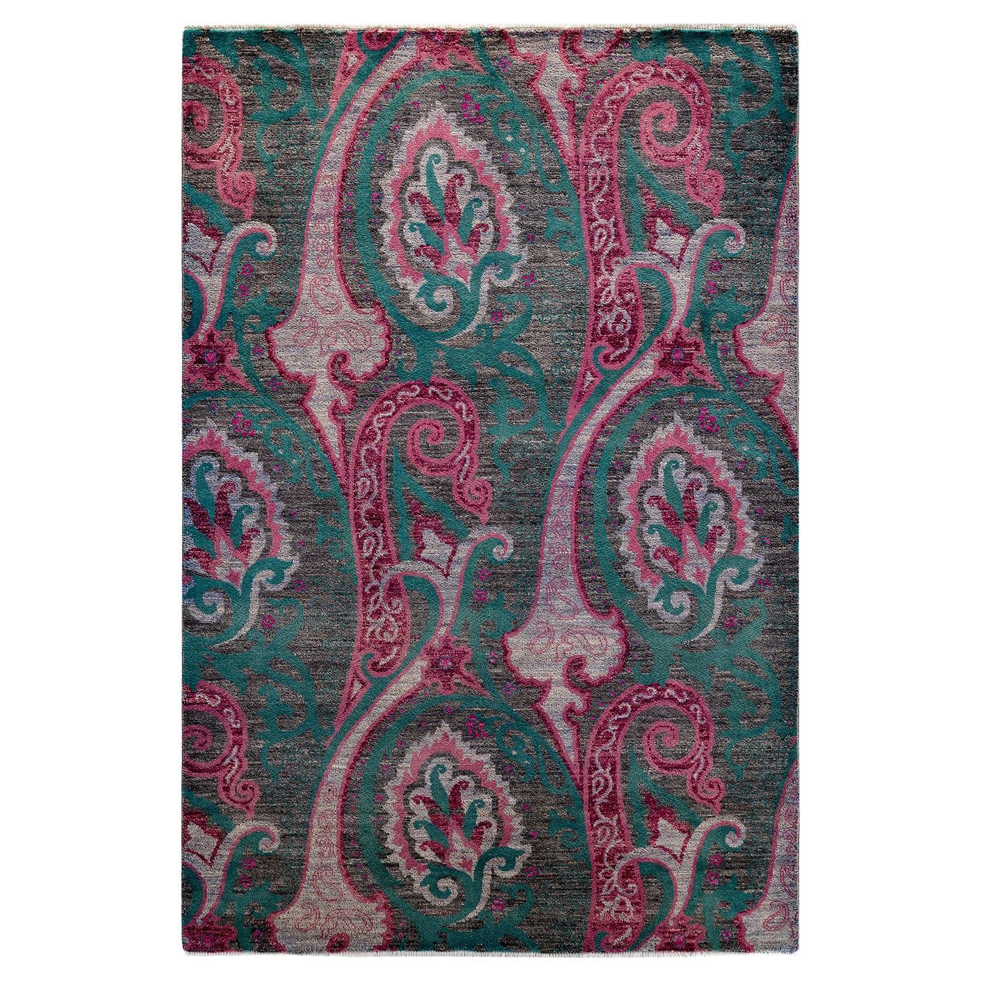 Contemporary Floral Hand Knotted Wool Pink Area Rug For Sale
