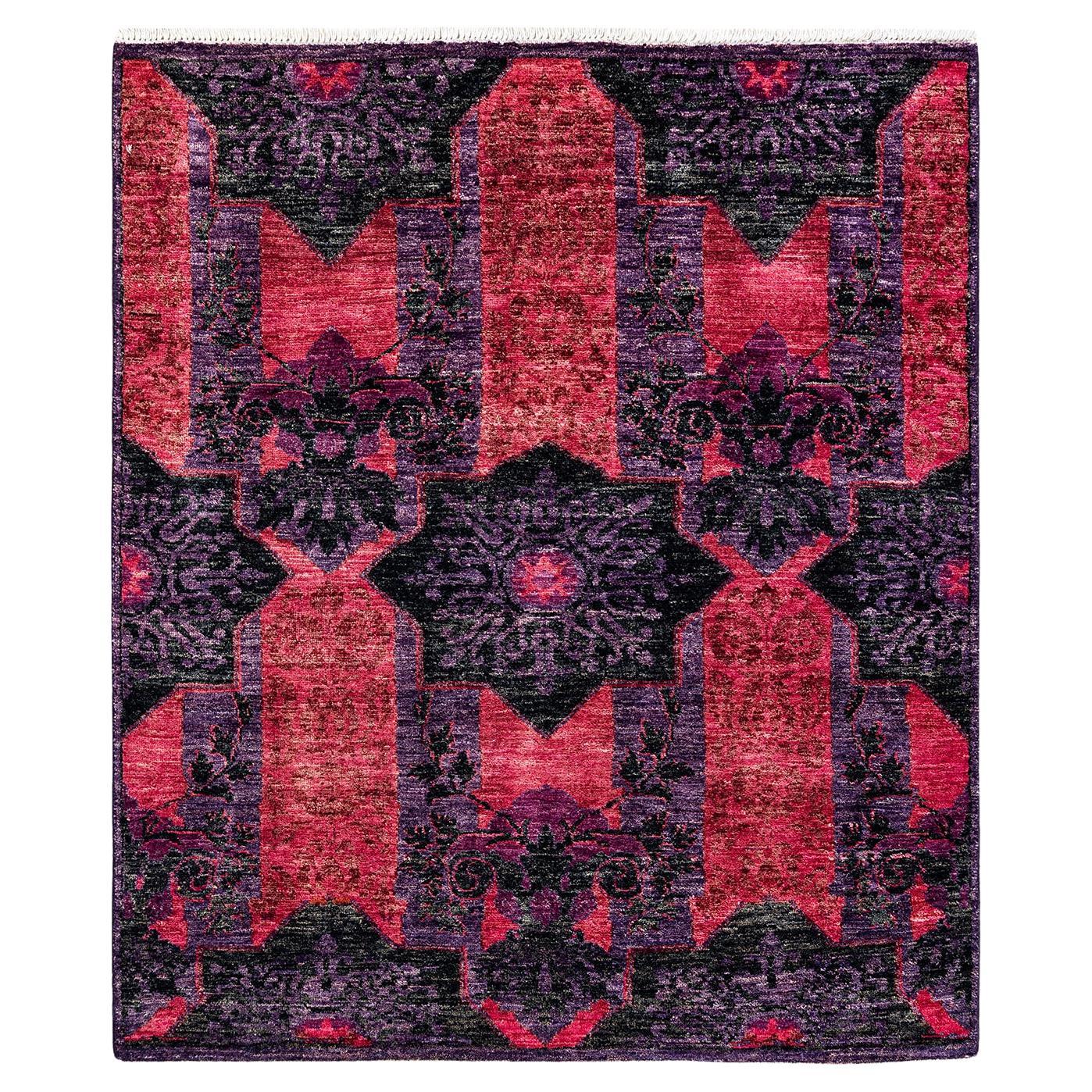 Contemporary Floral Hand Knotted Wool Pink Area Rug For Sale