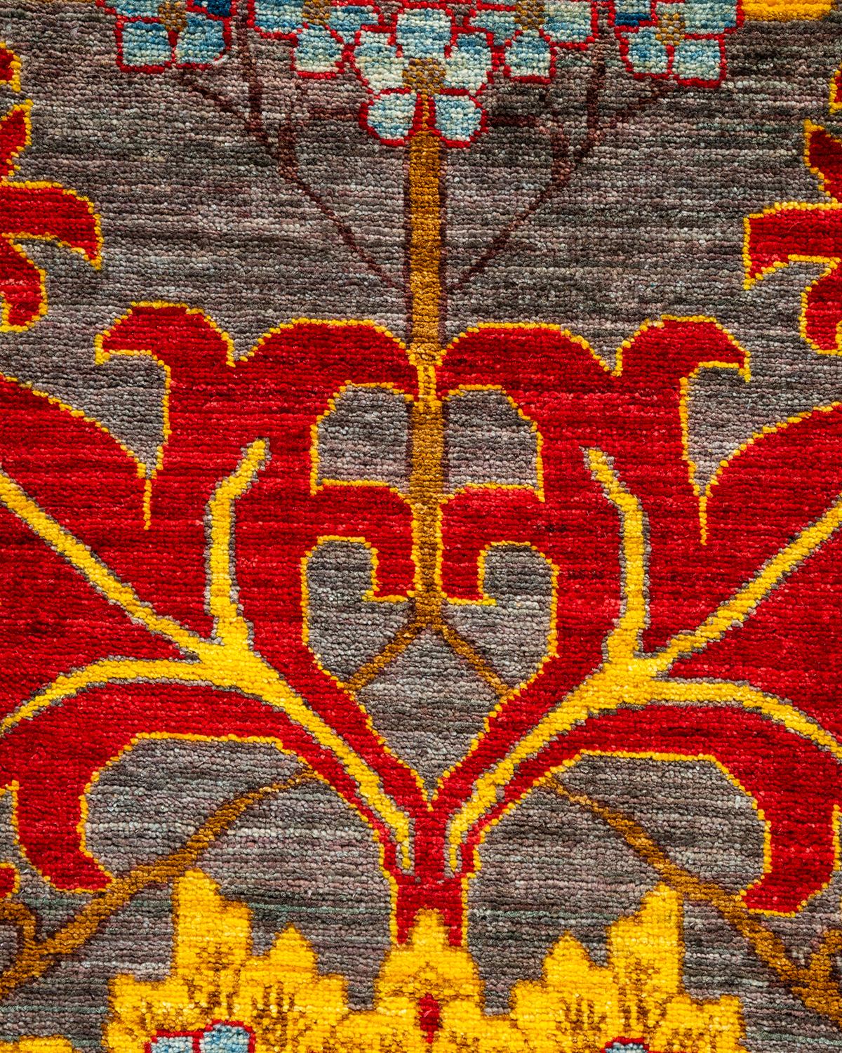 Pakistani Contemporary Floral Hand Knotted Wool Red Area Rug For Sale