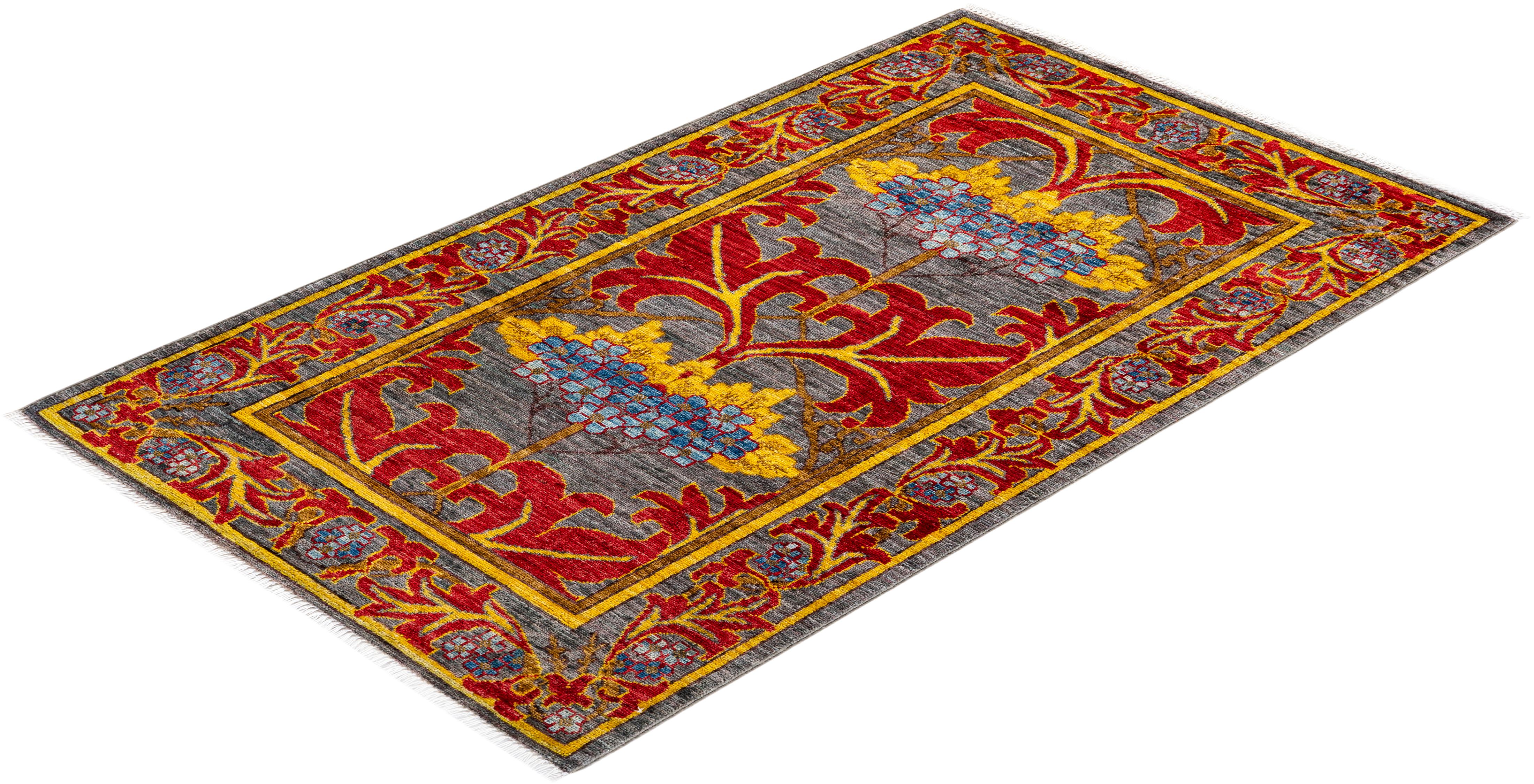 Contemporary Floral Hand Knotted Wool Red Area Rug For Sale 4