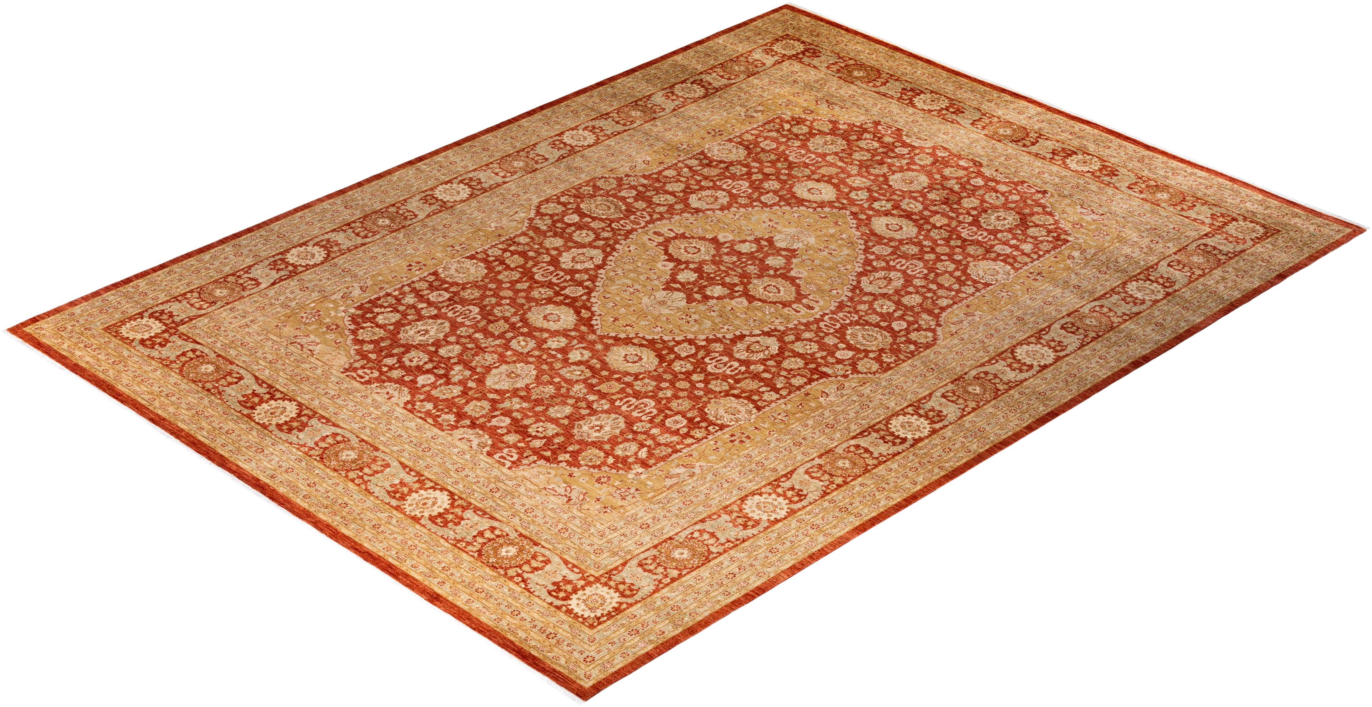 Contemporary Floral Hand Knotted Wool Red Area Rug For Sale 4