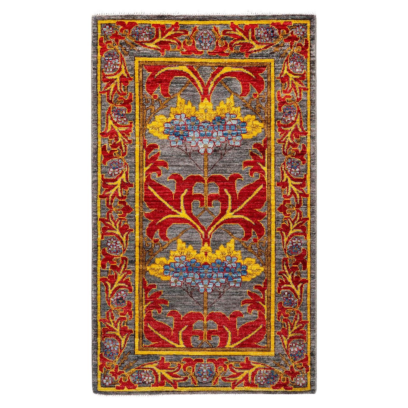 Contemporary Floral Hand Knotted Wool Red Area Rug For Sale
