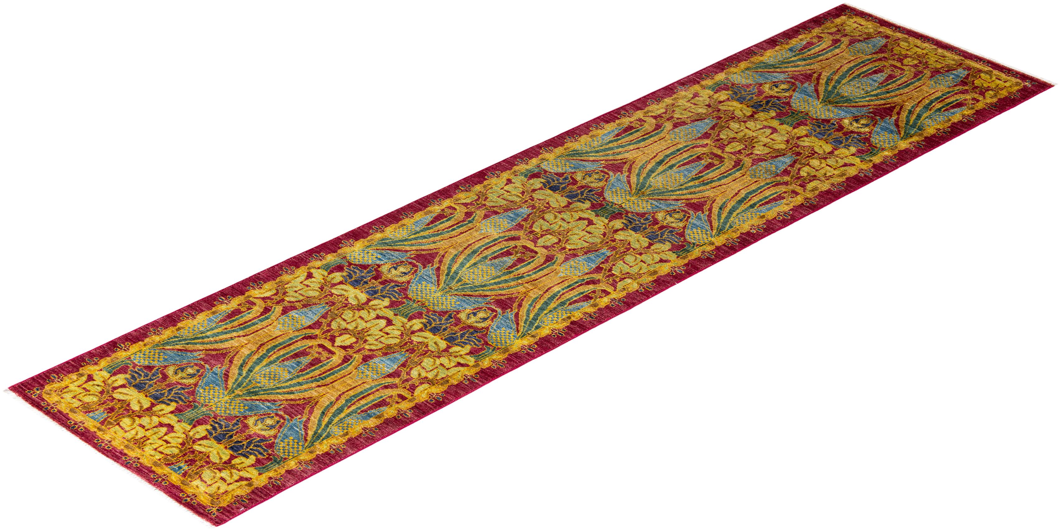 Contemporary Floral Hand Knotted Wool Red Runner For Sale 4