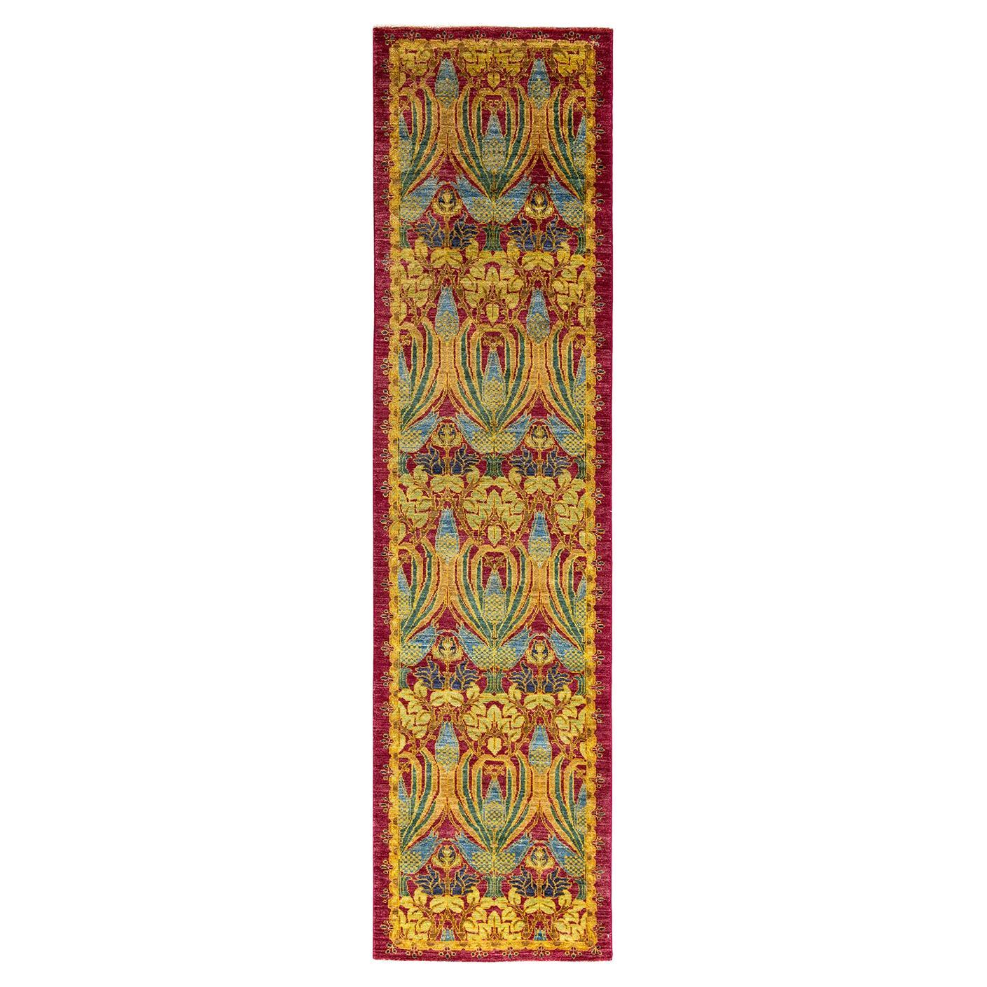Contemporary Floral Hand Knotted Wool Red Runner For Sale