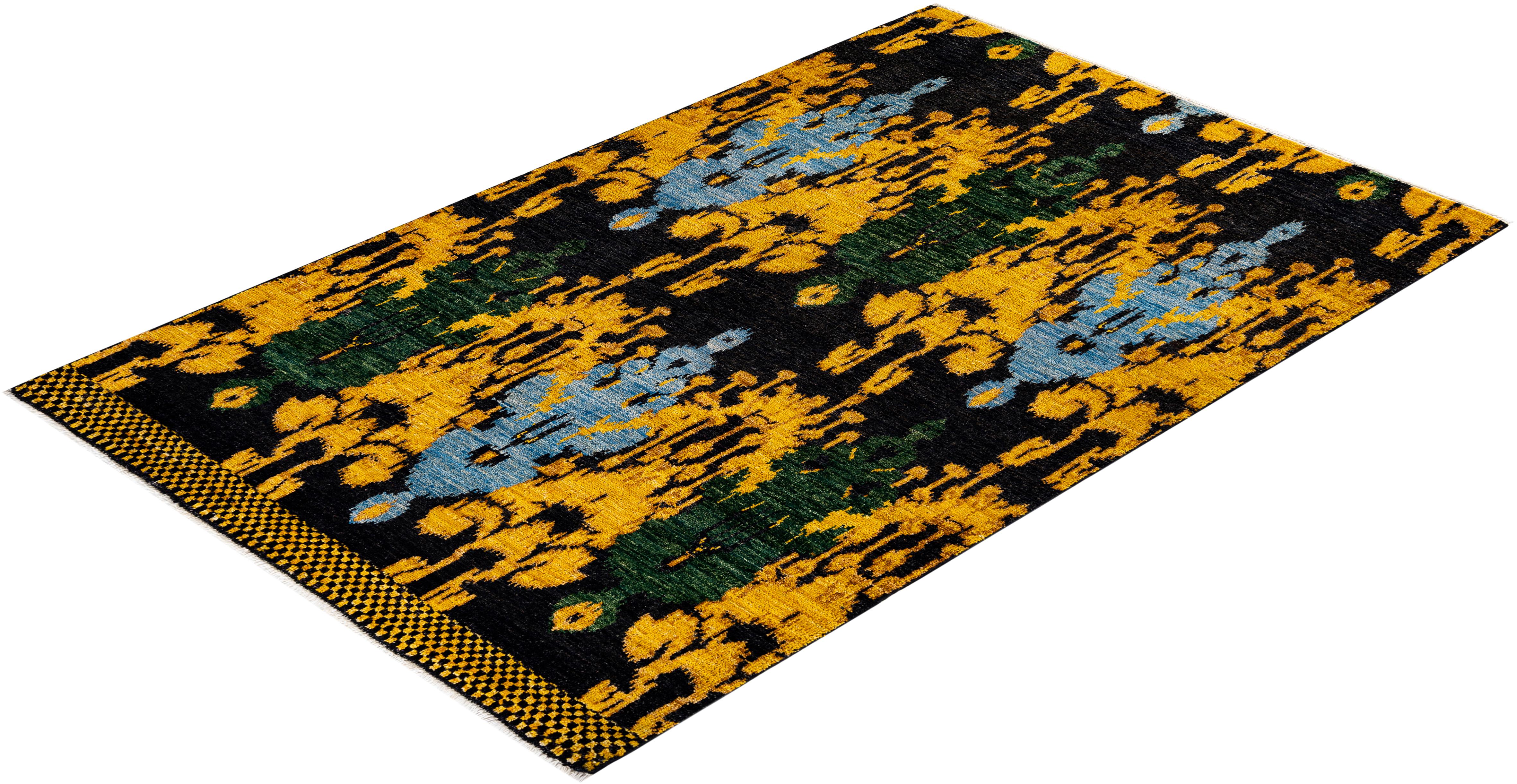 Contemporary Floral Hand Knotted Wool Yellow Area Rug For Sale 4