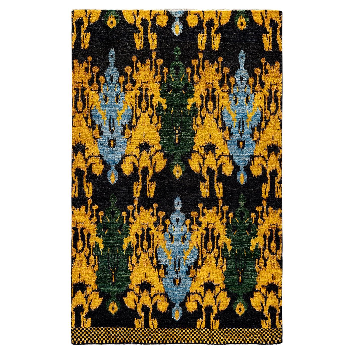 Contemporary Floral Hand Knotted Wool Yellow Area Rug For Sale