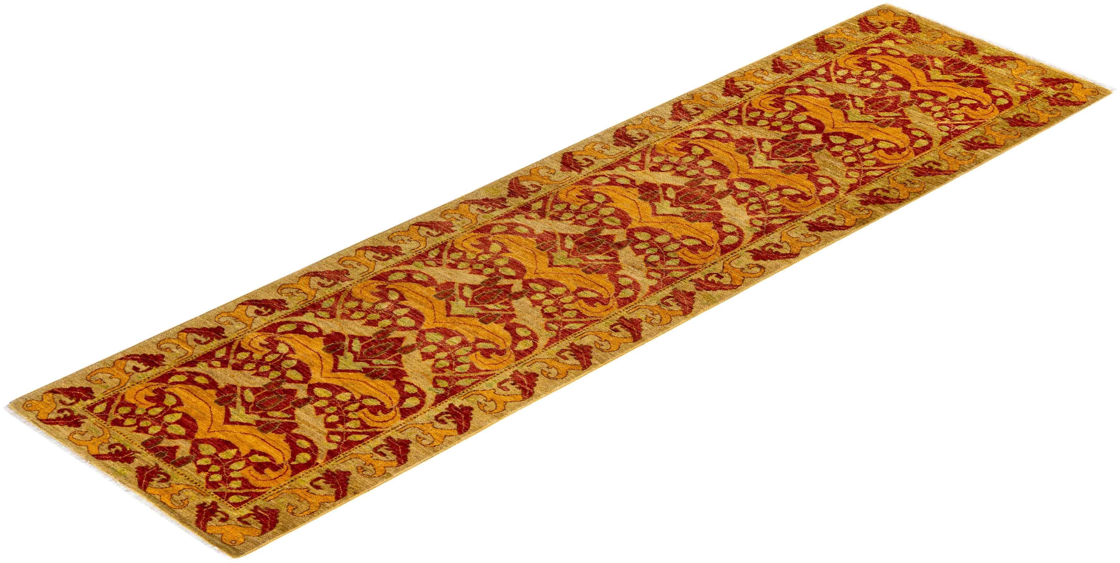 Contemporary Floral Hand Knotted Wool Yellow Runner For Sale 4
