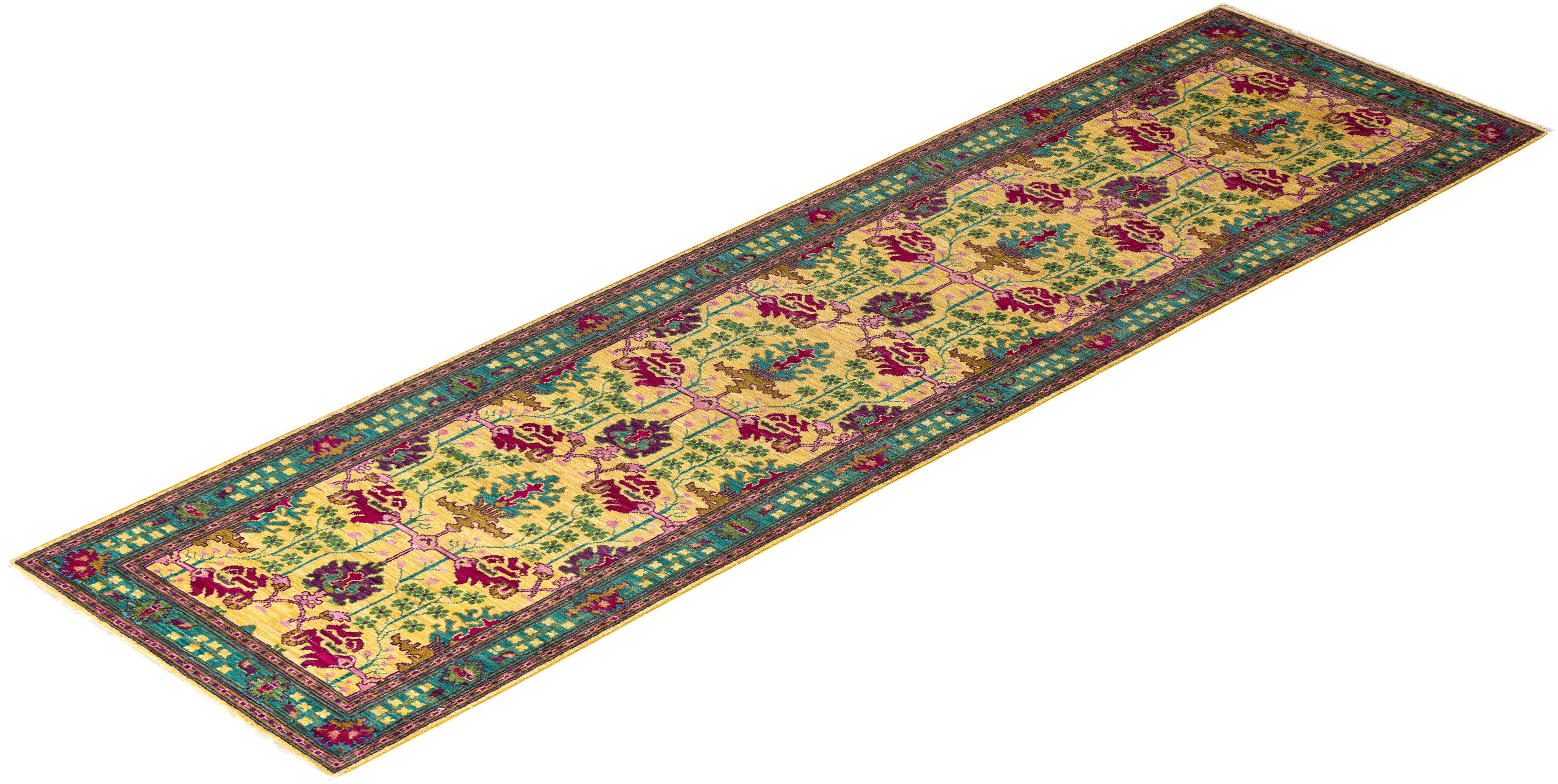 Contemporary Floral Hand Knotted Wool Yellow Runner For Sale 4