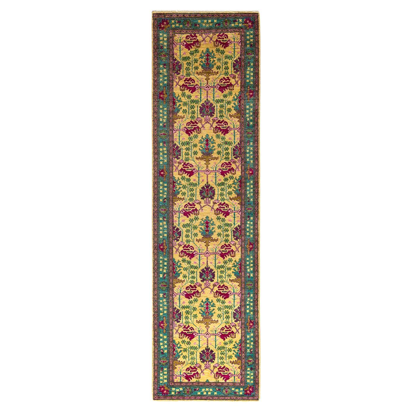 Contemporary Floral Hand Knotted Wool Yellow Runner For Sale