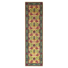 Contemporary Floral Hand Knotted Wool Yellow Runner