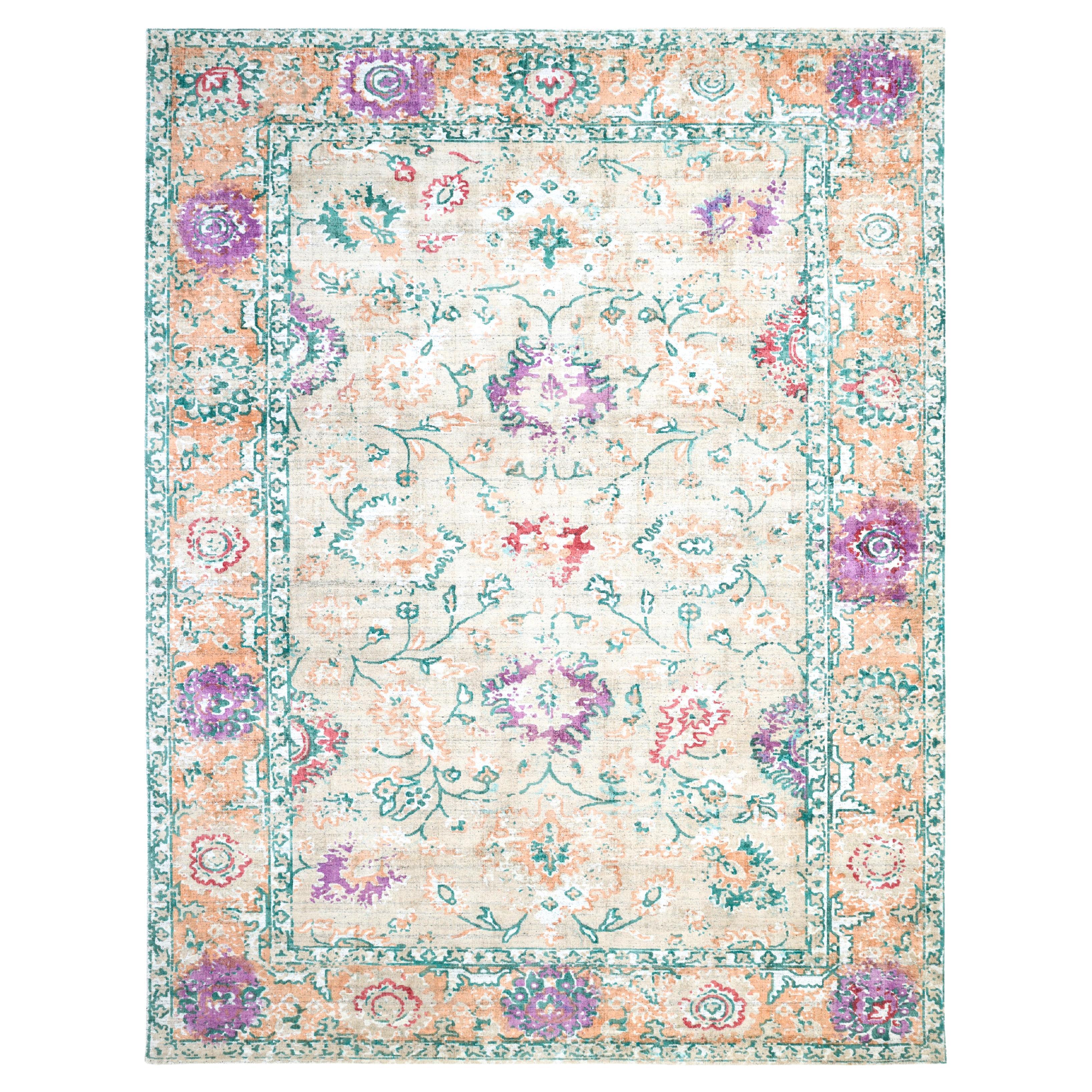 Contemporary Floral Hand Made Beige Area Rug 9' 0" x 12' 0"