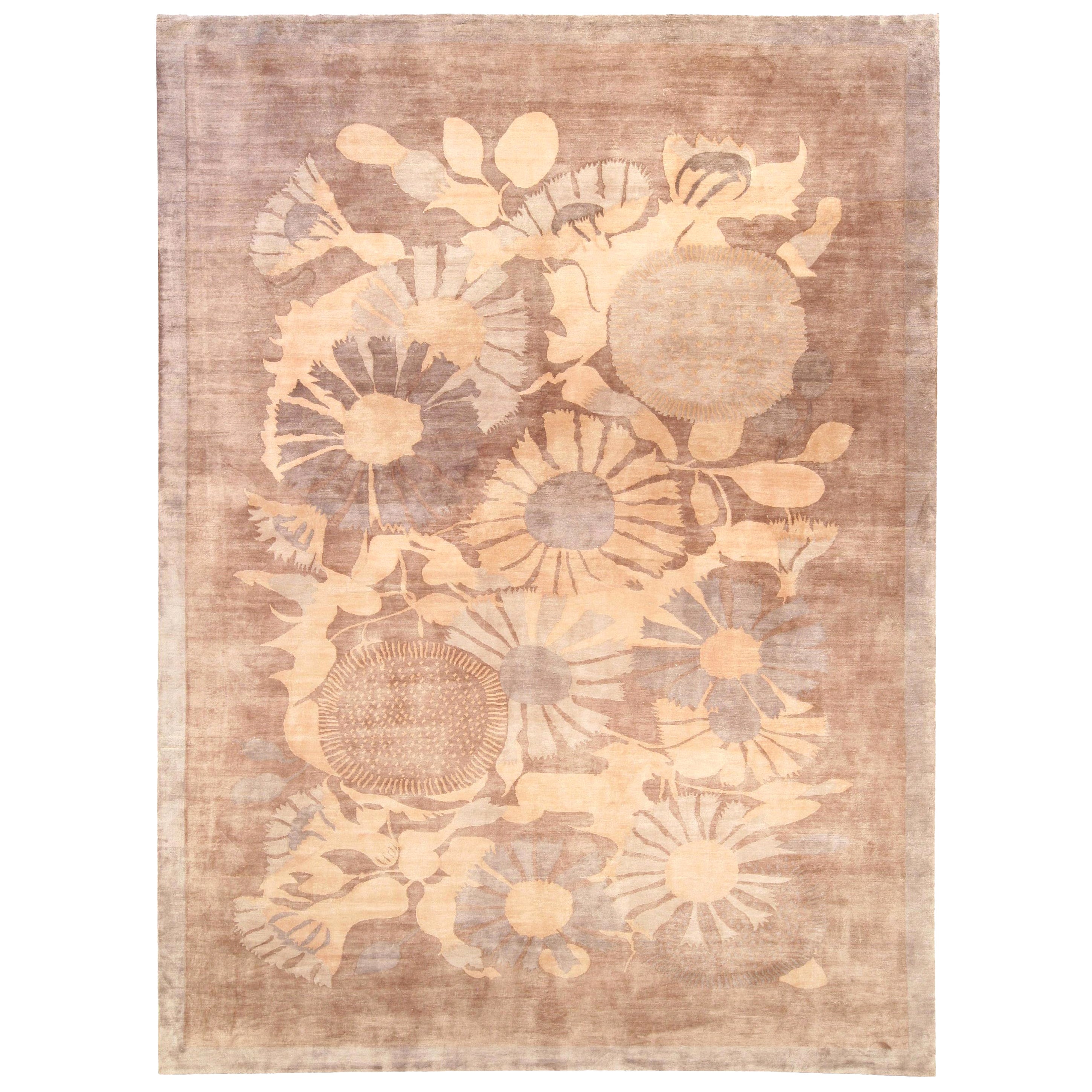 Contemporary Floral Lilly Design Hand Knotted Silk Rug by Doris Leslie Blau
