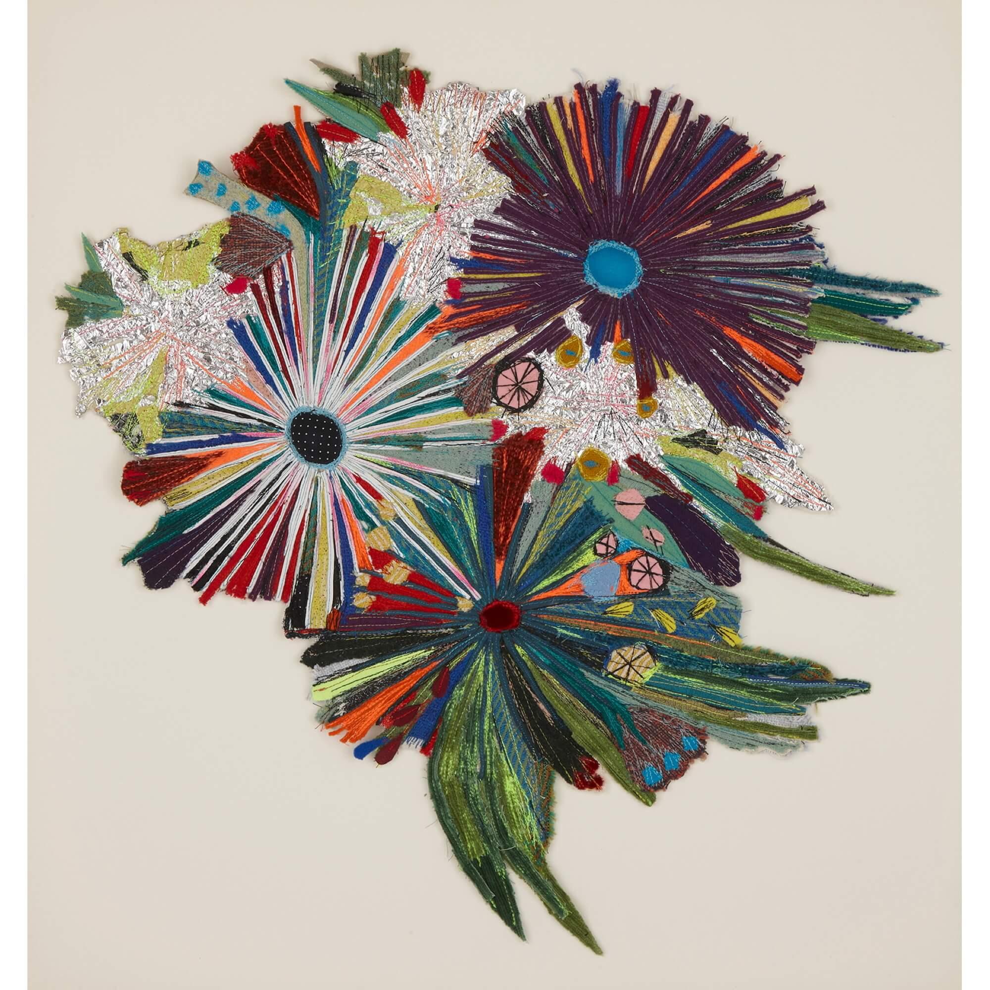 Contemporary floral recycled textile panel by Elodie Blanchard 
American, 2022
Height 70cm, width 64.5cm, depth 4cm 

Made using a number of recycled materials, the artist celebrates the discarded materials and turns them into desirable and