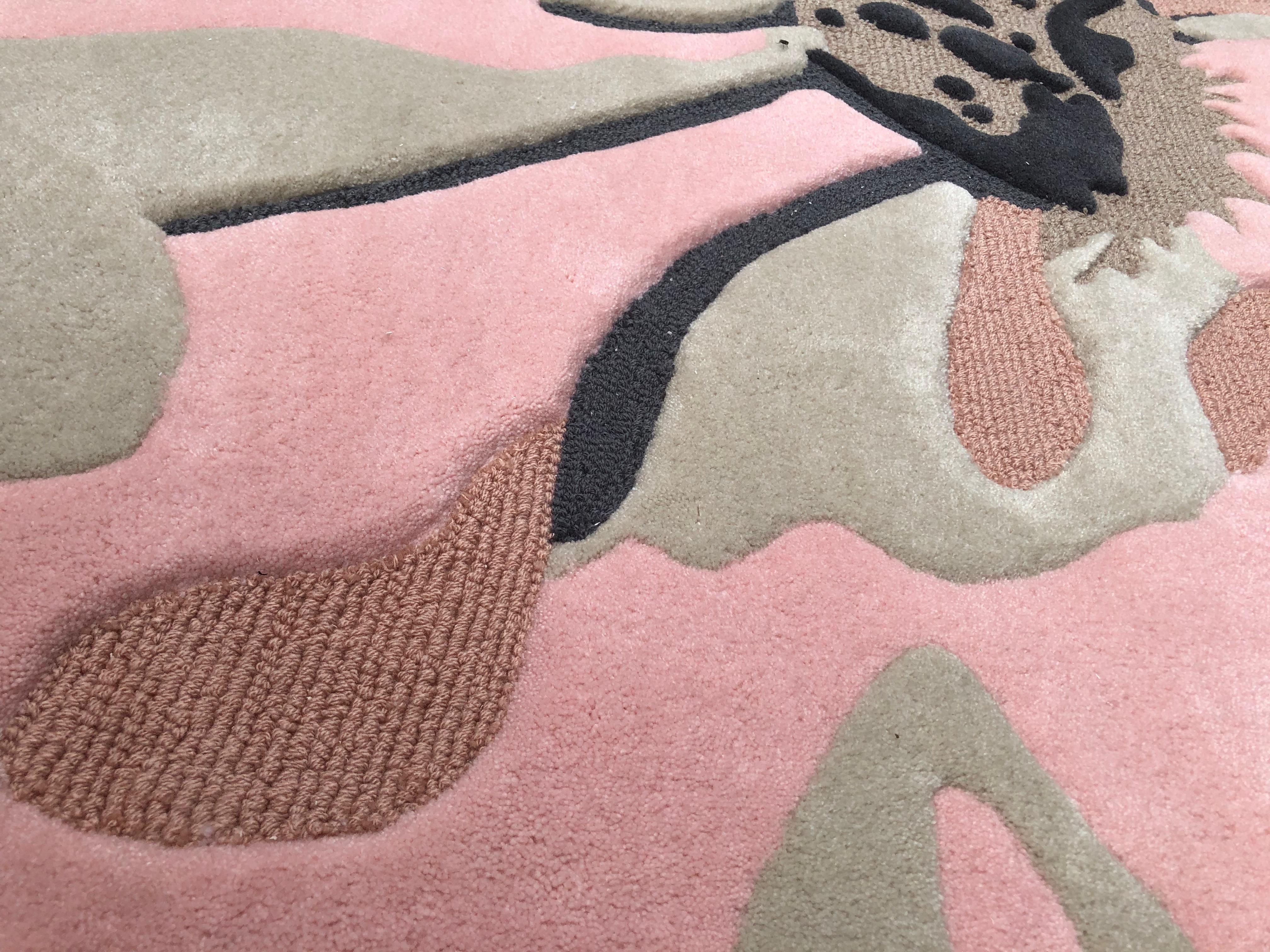 Modern Contemporary Floral Rug – Pink & Grey Organic Bloom, Wool Acrylic Blend For Sale