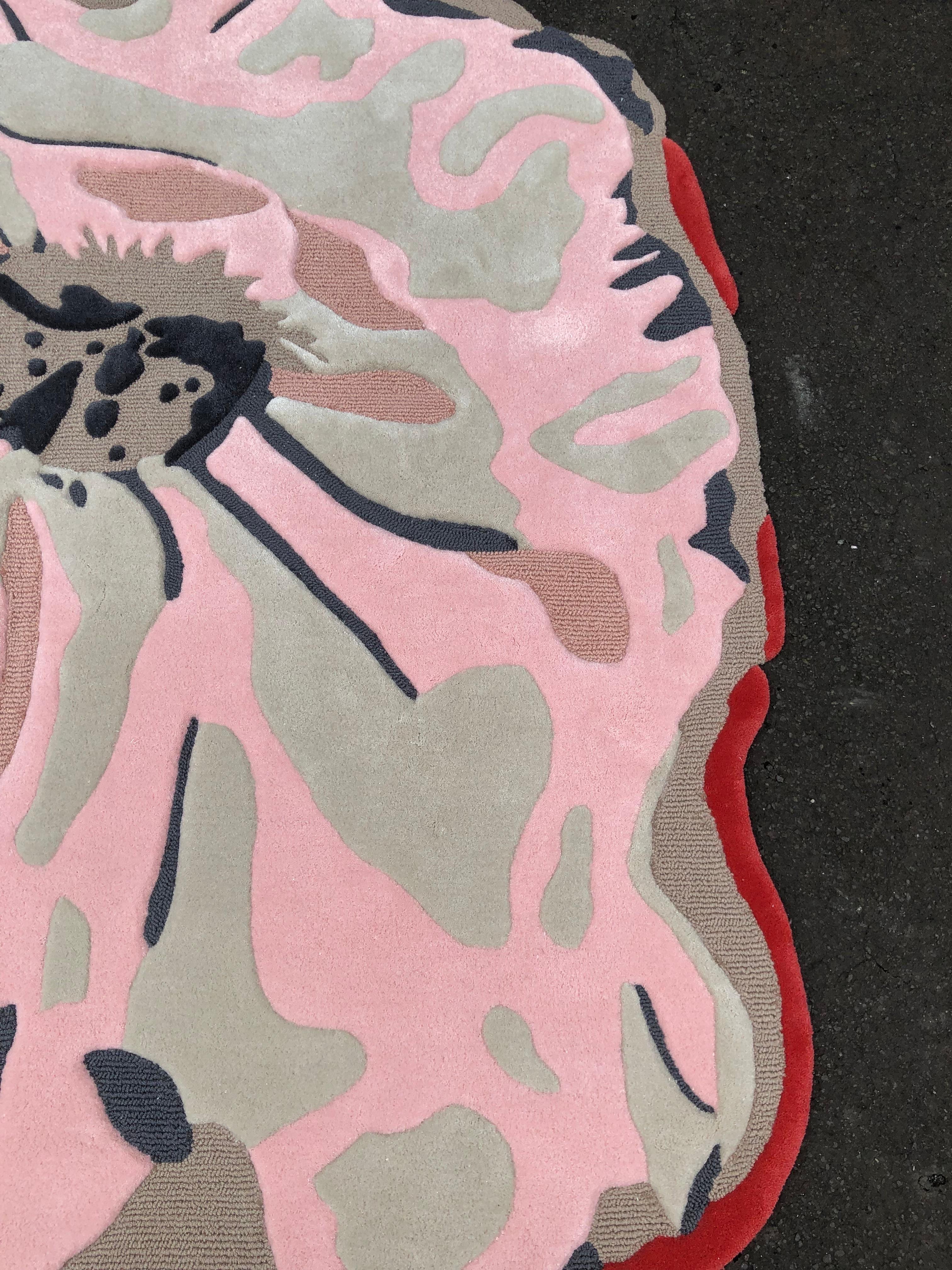 Contemporary Floral Rug – Pink & Grey Organic Bloom, Wool Acrylic Blend For Sale 2
