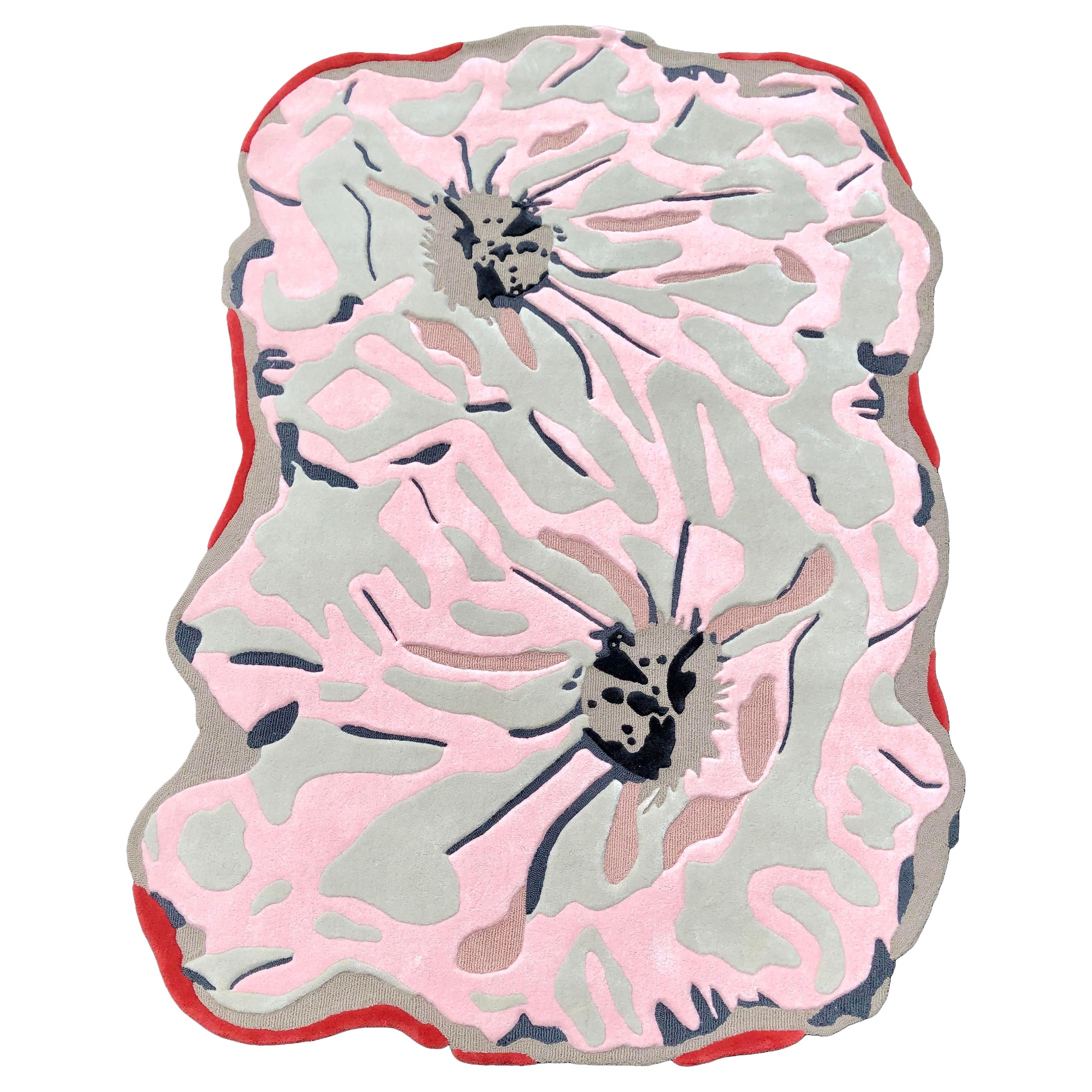 Contemporary Floral Rug – Pink & Grey Organic Bloom, Wool Acrylic Blend For Sale