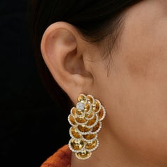Contemporary Floral SI/H 4.47 Carat Diamond 14K Yellow Gold Dangle Earrings