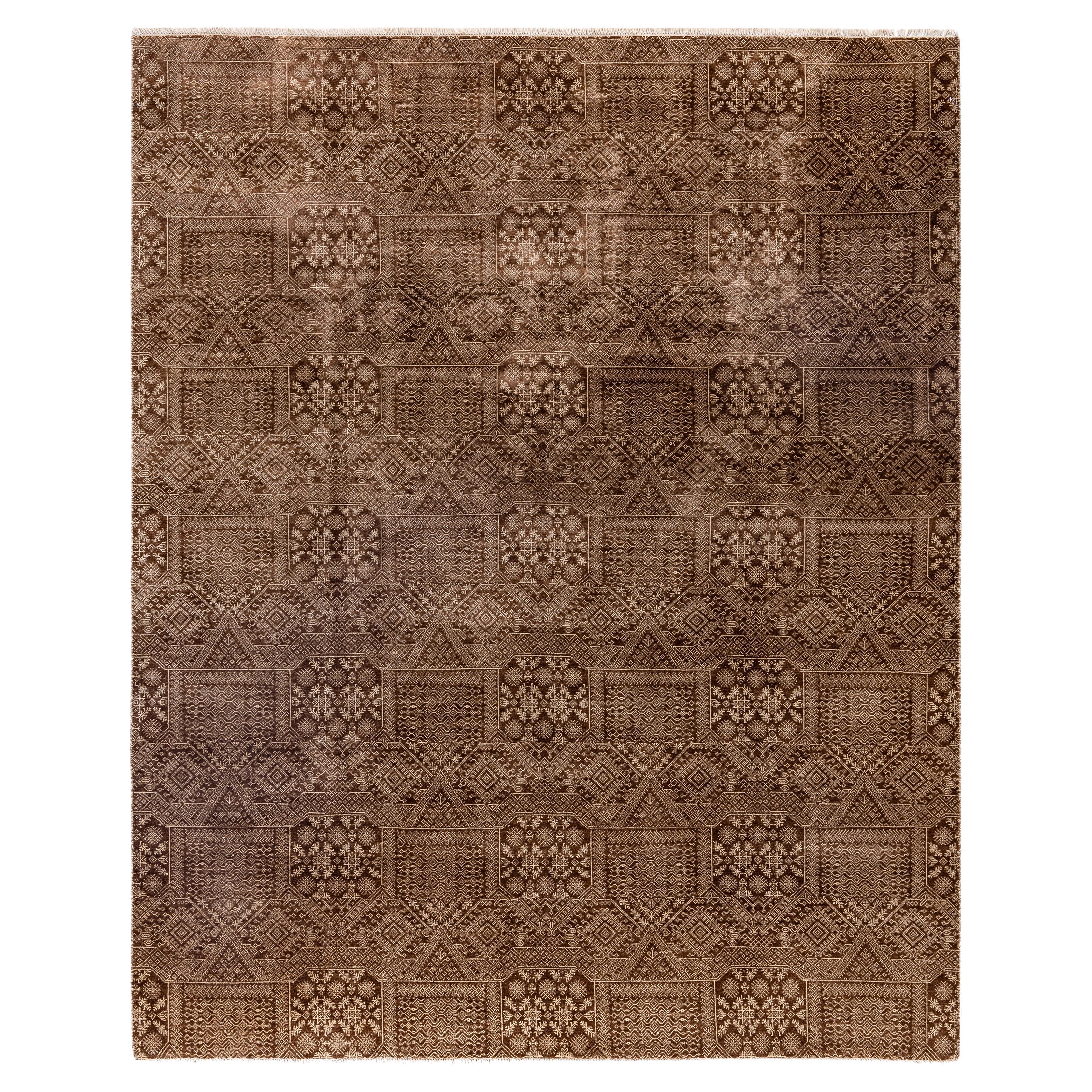 Contemporary Floral Wool Hand Knotted Brown Area Rug 8' 2" x 10' 1" For Sale