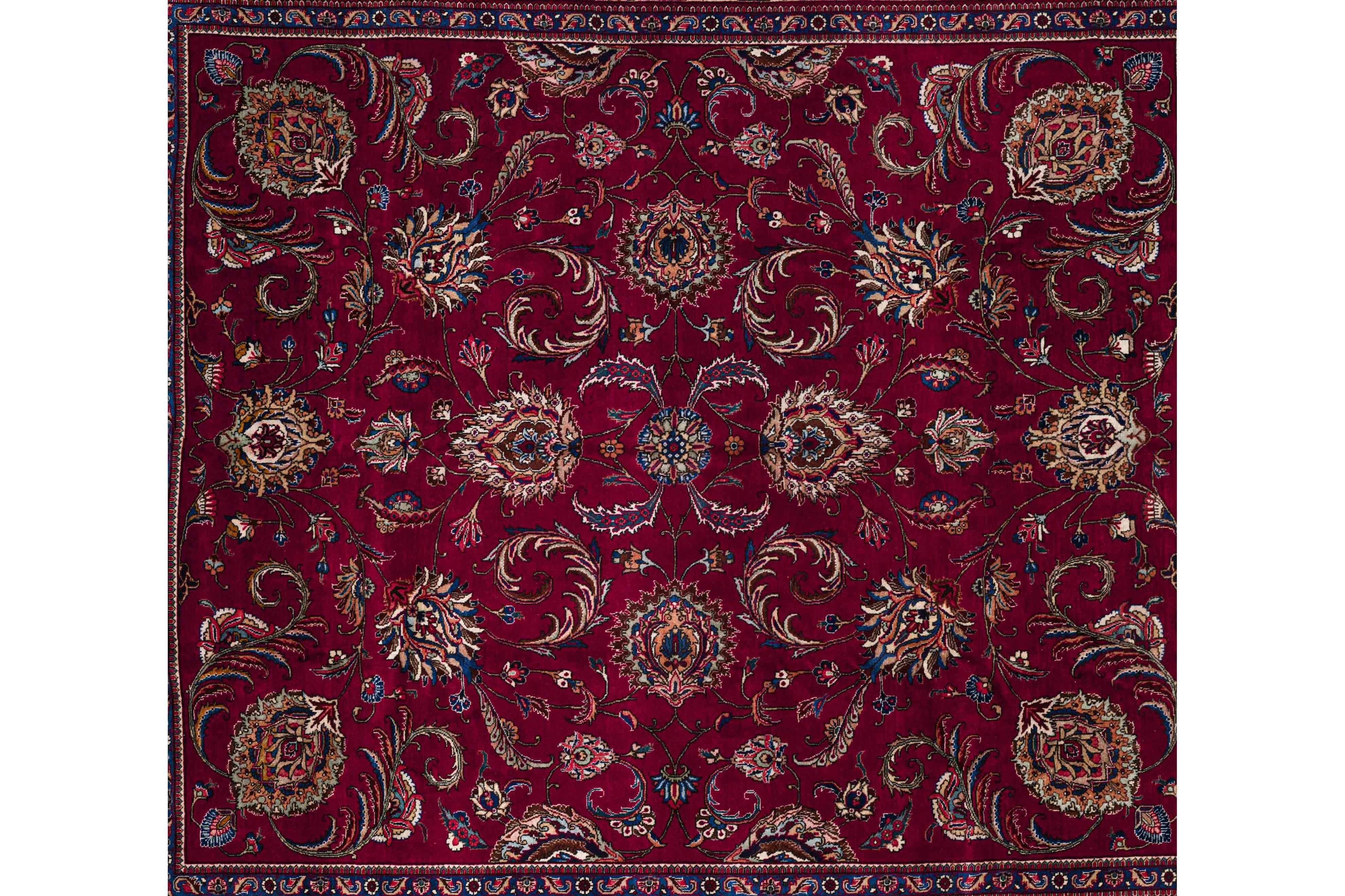 Zeitgenössischer Wollteppich mit Blumenmuster, 10 ft× 11 ft, Burgund und Elfenbein (Handgewebt) im Angebot