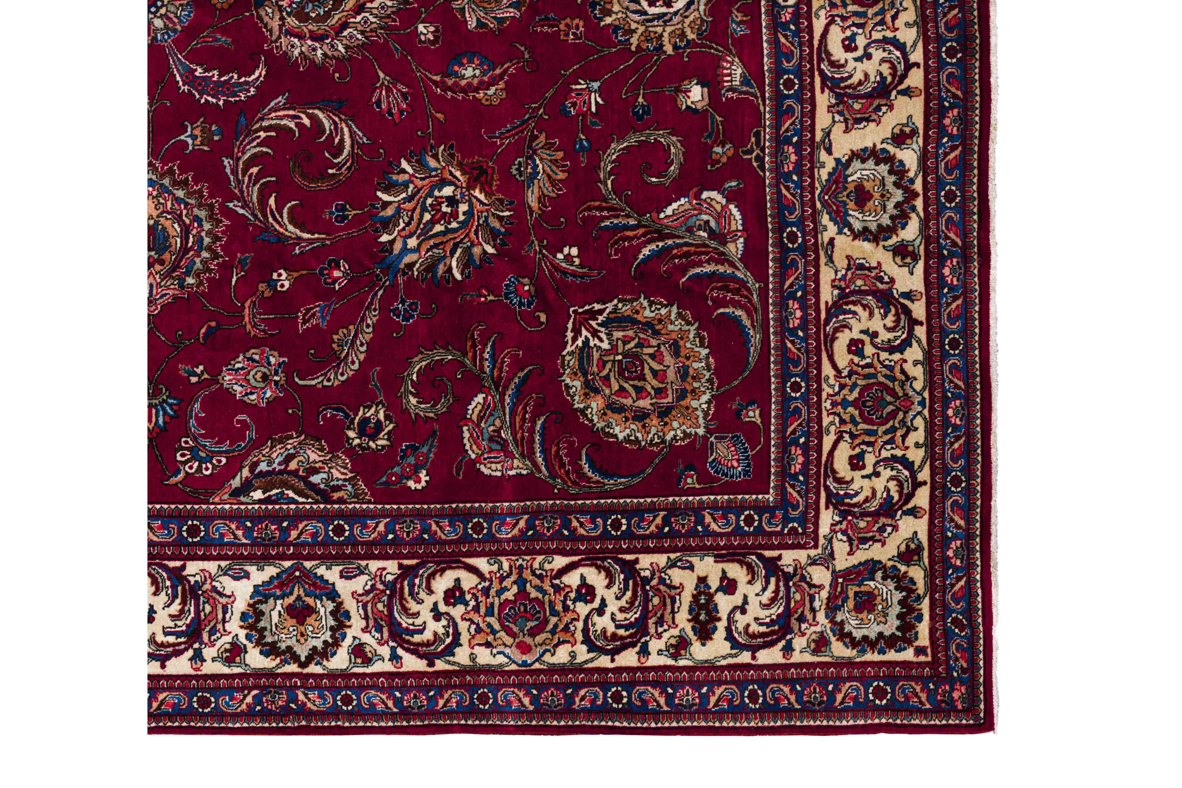 Zeitgenössischer Wollteppich mit Blumenmuster, 10 ft× 11 ft, Burgund und Elfenbein im Angebot 1