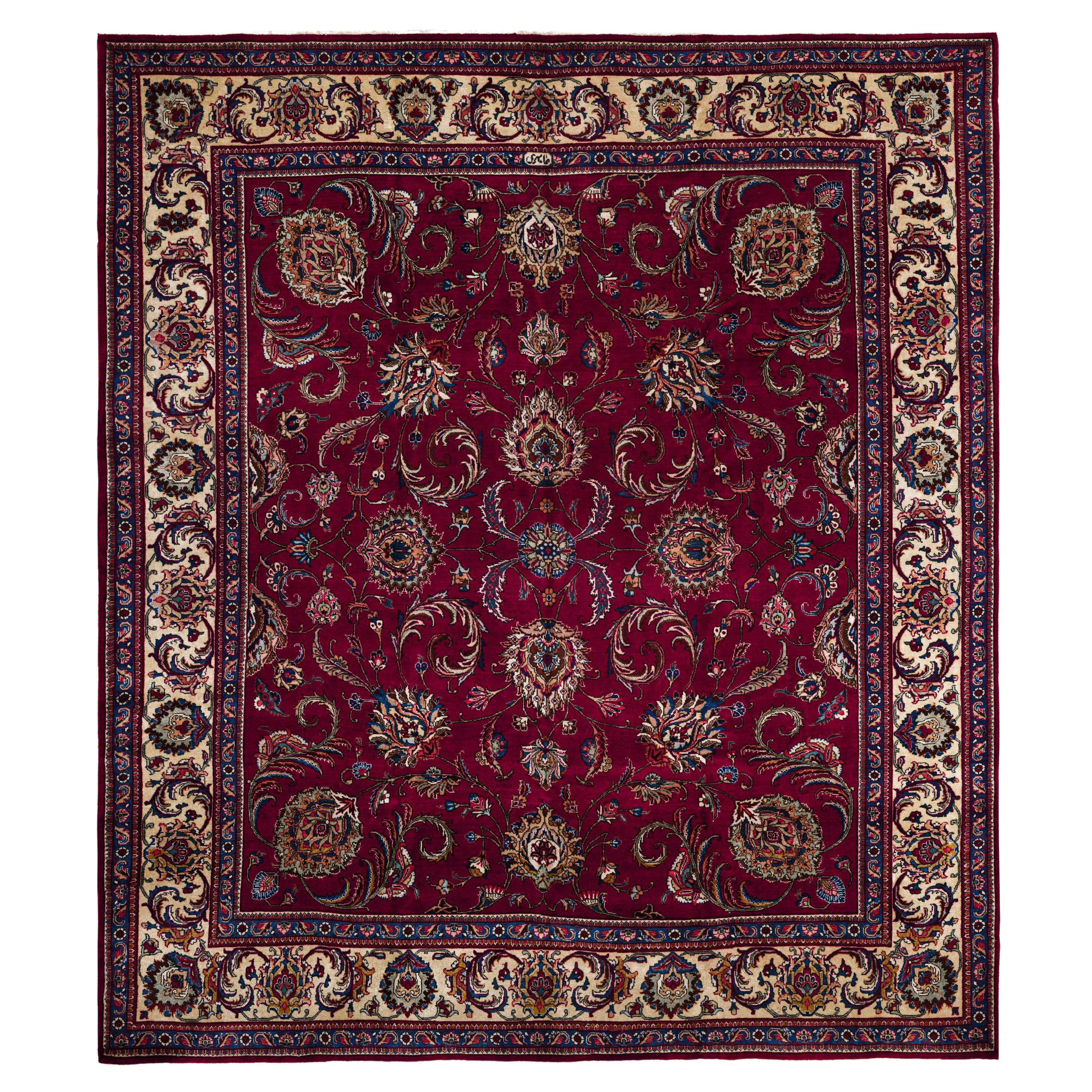 Zeitgenössischer Wollteppich mit Blumenmuster, 10 ft× 11 ft, Burgund und Elfenbein im Angebot