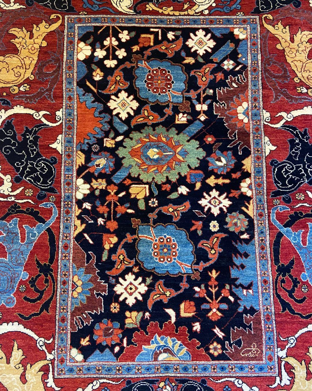 Tapis contemporain en laine à fleurs, noué à la main, noir, rouge, bleu, crème, 4′ × 6′ en vente 2