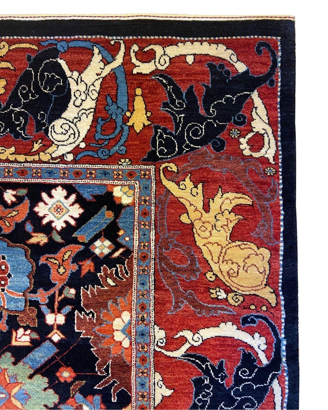 Moderne Tapis contemporain en laine à fleurs, noué à la main, noir, rouge, bleu, crème, 4′ × 6′ en vente