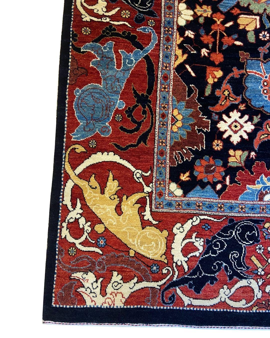 Indien Tapis contemporain en laine à fleurs, noué à la main, noir, rouge, bleu, crème, 4′ × 6′ en vente