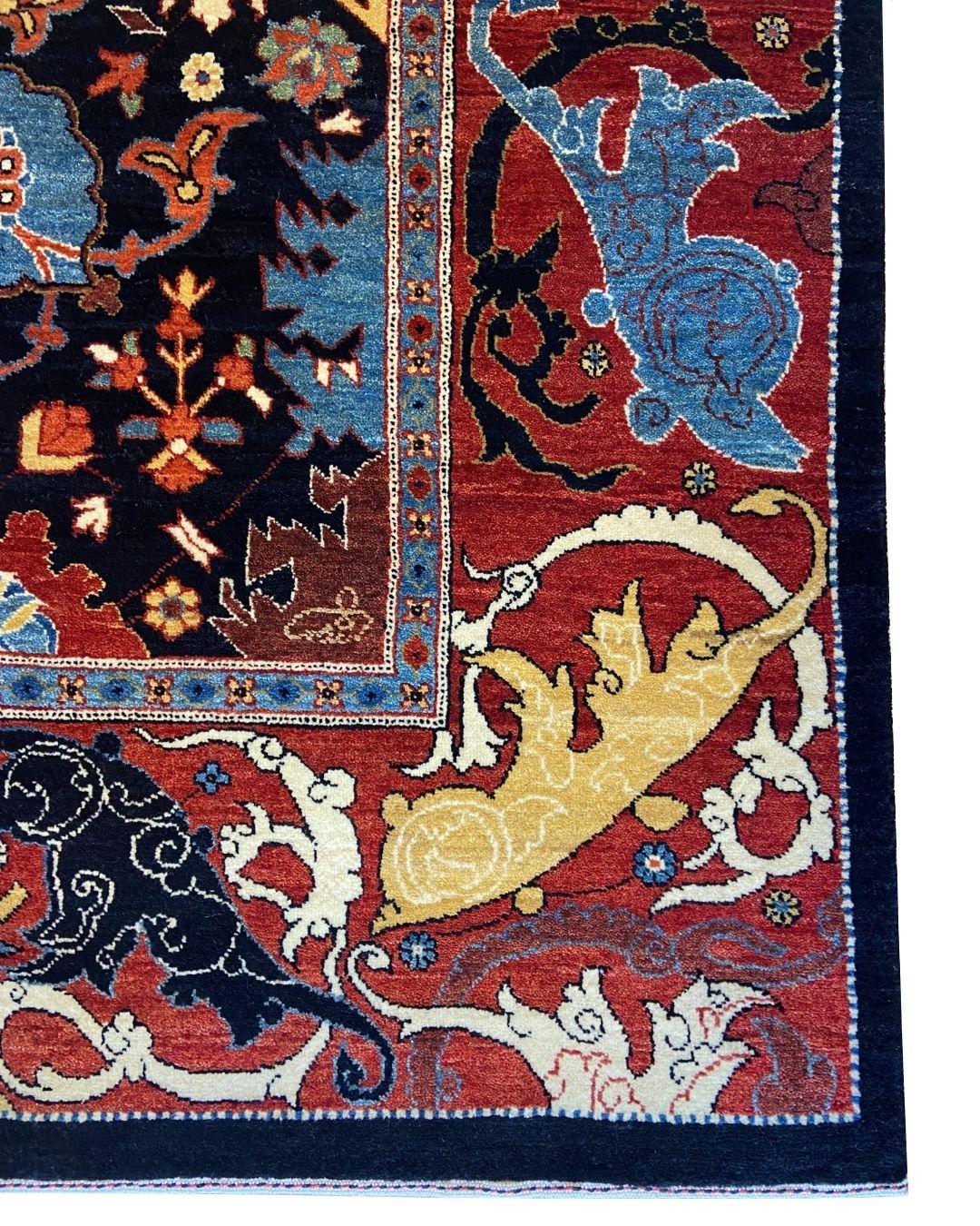 Teinture végétale Tapis contemporain en laine à fleurs, noué à la main, noir, rouge, bleu, crème, 4′ × 6′ en vente