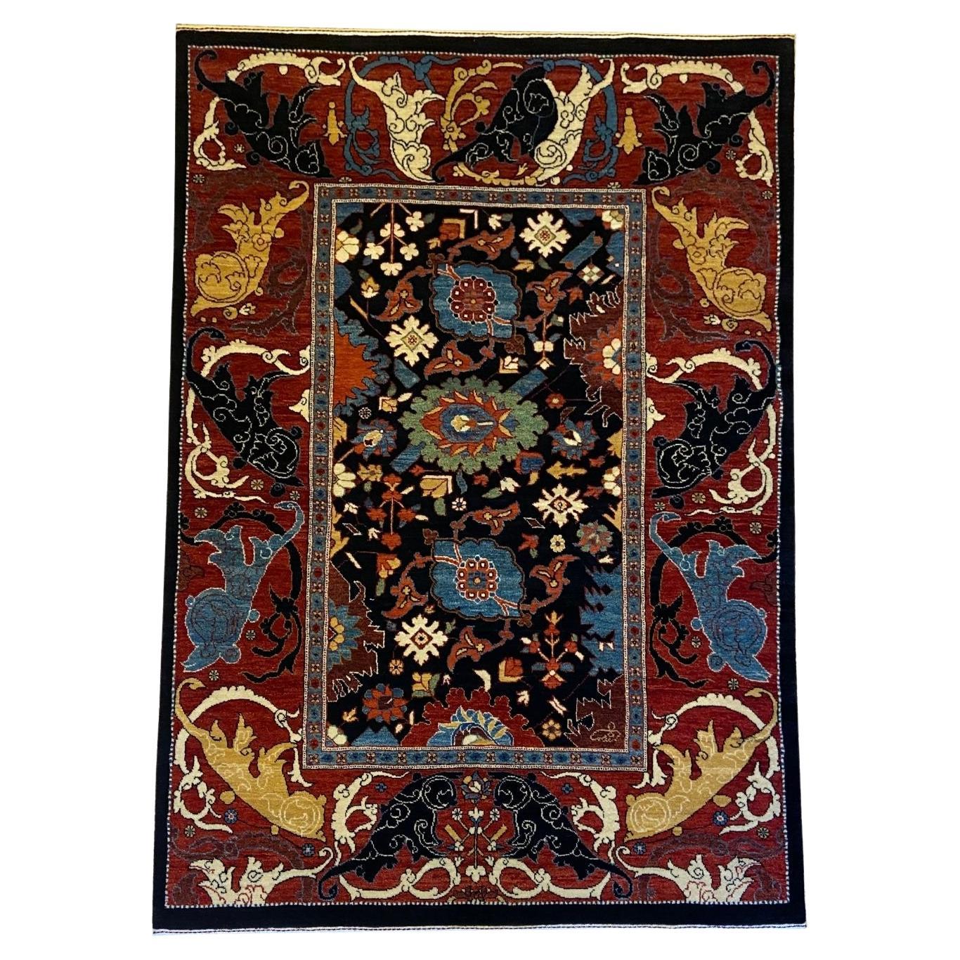 Tapis contemporain en laine à fleurs, noué à la main, noir, rouge, bleu, crème, 4′ × 6′ en vente